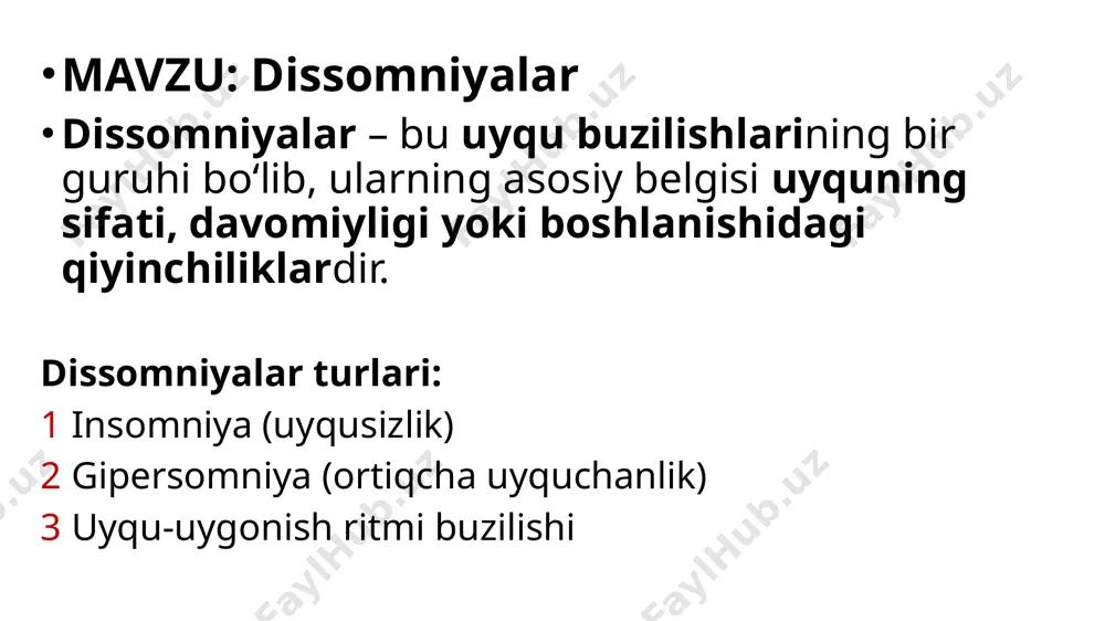 ganda yoki uyg‘onganda tanani harakatlantira olmaslik. 5. rem-uyqu xatti-harakat buzilishi – odam tushida ko‘rayotgan harakatlarni jismonan takrorlaydi (masalan, tepish, urish). xavfi: odam o‘ziga yoki boshqalarga zarar yetkazib qo‘yishi mumkin (masalan, uxlab yurib yiqilish, urilish). uyqu sifati buziladi, charchoq va asabiylik paydo bo‘ladi. image1.png image2.jpeg image3.jpeg image4.jpeg /docprops/thumbnail.jpeg