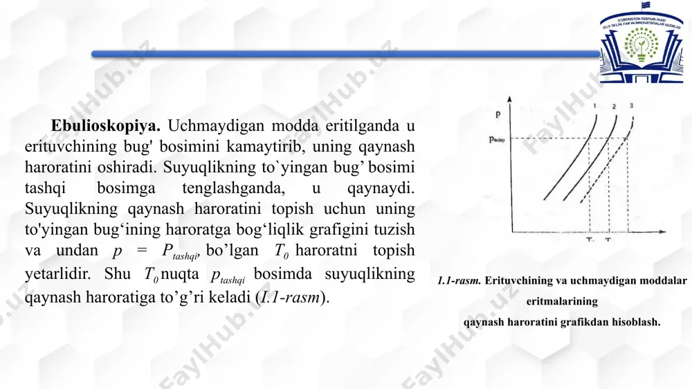 andi. bu usul kollegativ xossalarga asoslanadi va erigan moddaning eritmaning fizikaviy xususiyatlariga, xususan, qaynash haroratiga ta’sirini o‘lchashga asoslanadi. ebulioskopik usulda, erituvchi (bu holatda benzol) ga erigan modda qo‘shilganda, eritmaning qaynash harorati oshadi. ushbu o‘sish miqdori esa moddaning molyar massasi bilan to‘g‘ridan-to‘g‘ri bog‘liqdir. tajriba davomida, avvalo, toza benzolning qaynash harorati o‘lchandi, u 80.1°c ga teng bo‘ldi. keyin, noma’lum modda qo‘shilganidan so‘ng, eritmaning qaynash harorati 81.0°c ga oshdi. bu o‘zgarish 0.9°c ni tashkil etdi. ebulioskopik konstantaning qiymati (benzol uchun) 2.53 k·kg/mol sifatida qabul qilindi. bu ko‘rsatkichlar asosida, formula orqali noma'lum moddaning molekulyar massasi 168.67 g/mol deb topildi. moddaning molekulyar massasi topilishi orqali, uning kimyoviy tuzilishini taxmin qilish mumkin. ushbu usul yordamida olingan natija laboratoriya sharoitida ishlatilgan moddaning sifatiga nisbatan aniq ko‘rsatkich beradi. ebulioskopik usulda amalga oshirilgan tajribalar, asosan, kimyo va farmatsevtika sohalarida keng qo‘llaniladi, chunki bu usul orqali moddaning sifatini va tarkibini oson va tez aniqlash mumkin. tajriba jarayonida yuzaga kelishi mumkin …