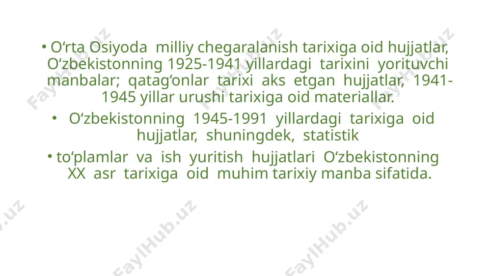 kamlashga intildi. bunday siyosat oqibatida respublikaning iqtisodiy rivojlanishi bir tomonlama kechdi, uning qishloq xo’jaligi tobora ko’proq paxtachilik yo’nalishiga ega bo’lib bordi, shu alfozda paxta yakkahokimligi qaror topdi. o’zbekiston sanoati asosan qishloq xo’jaligi extiyojlariga xizmat qilishga yo’naltirilgan edi. sanoatda qishloq xo’jaligi mahsulotlariga dastlabki tarzda ishlov beradigan tarmoqlar asosiy o’rinni egallardi. respublika xom ashyosining pirovard mahsuloti ittifoq sanoat markazlarida ishlab chiqarilar, binobarin, foydaning asosiy qismi ham o’sha yerda qolardi. image1.jpeg image2.jpeg image3.jpeg /docprops/thumbnail.jpeg