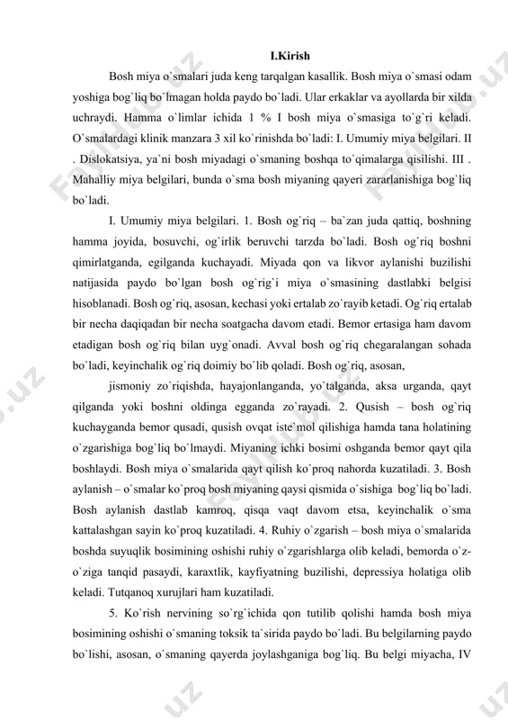 suyuqlik bosimining oshishi ruhiy o`zgarishlarga olib keladi, bemorda o`z-o`ziga tanqid pasaydi, karaxtlik, kayfiyatning buzilishi, depressiya holatiga olib keladi. tutqanoq xurujlari ham kuzatiladi. 5. ko`rish nervining so`rg`ichida qon tutilib qolishi hamda bosh miya bosimining oshishi o`smaning toksik ta`sirida paydo bo`ladi. bu belgilarning paydo bo`lishi, asosan, o`smaning qayerda joylashganiga bog`liq. bu belgi miyacha, iv qorincha, chakka bo`limlarida kuzatiladi. bunda ko`z oldining qorong`ilashishi, ko`rish o`tkirligining pasayib ketishi, ko`rish nervida qon to`planganligidan darak beradi. kasallik kuchaygan sari ko`ruv nervi atrofiyalanib boradi, keyinchalik bemor, umuman, ko`rmay qolishi mumkin. ko`z tubida ko`ruv nervining dimlanishi, qon tomirdagi qonning turib qolishi, tomirlarning kengayishi natijasida yuzaga keladi. 6. bosh miya xavfsiz o`smalar ta`sirida bemorda uzoq yil davomida tutqanoq xurujlari klonik-tonik ko`rinishda bo`ladi. xavfli o`smalarning boshlanishida tutqanoq xurujlari bilan birga, hushdan ketish va ruhiy o`zgarishlar kuzatiladi. 7. orqa miya suyuqligi tarkibining o`zgarishi – suyuqlik bosimi baland, rangi o`zgarmagan tiniq, tekshirganda, asosan, oqsillar ko`p bo`ladi. 8. bosh miyaning kalla suyagini rentgenografiya …