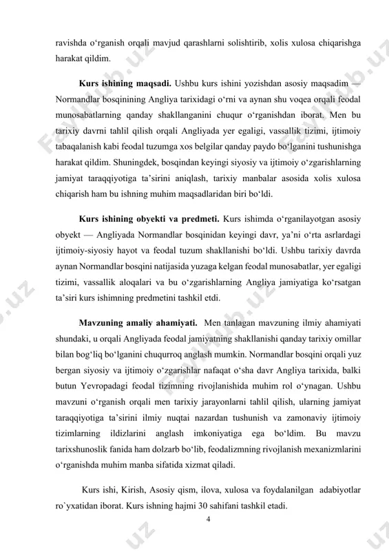 ib, inglizlar yerini janubiy qismini egalladi. inglizlar va normannlar o’rtasidagi hal qiluvchi jang 1066 yil 14 oktabrda gastings yaqinidagi senlak degan joyda bo’lib,bunda nisbatan yaxshi qurollangan normannlar g’alaba qozondilar, qirol garold jangda halok bo’ladi. vilgelm boshliq normandiya gertsogligi g’alaba qozonadi. normandiya gertsogi vilgelm 1066 yil 25 dekabrda londonga kiradi,vilgelm i (inglizcha uilyam i)’’fotih’’(istilochi) laqabi bilan angliya taxtiga o’tiradi va 1066-1087 yillarda boshqaradi. normannlarga qarshi eng yirik qo’zg’olonlar1068 yilda mersiya va nortumbriyada bo’ladi. bu qo’zg’olonlarga daniya qiroli yordam berishiga qaramay vilgelm qo’zg’olonni bostiradi va qo’zg’olonchilardan qattiq o’ch oladi. ancha obod bo’lgan york va durgam vodiylari normannlar tomonidan vayron qilindi. normannlar bosqinchiligi angliyada yirik yer egalarini feodal tabaqani yangiladi, ya’ni anglo-saks feodallarining deyarli barcha mulklari tortib olindi va kelgindi normann va fransuz feodallariga bo’lib berildi.angliyadagi yirik normann feodallari ‘’baronlar’’deb ataldi. mamlakatdagi barcha yerlar feodal mulki hisoblangan xo’jalikka, ya’ni ‘’manorlar’’ga bo’lindi. angliyadagi barcha cherkovlarda, yuqori diniy lavozimlardagi anglo-sakslar bo’shatilib, fransuz-normann ruhoniylari qo’liga o’tdi.[footnoteref:1] …