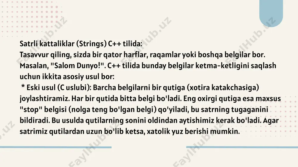 (behavior) aniqlovchi funksiyalar. ular obyektning ma'lumotlari bilan ishlash va obyektning vazifalarini bajarish uchun ishlatiladi. * kirish specifikatorlari (access specifiers): sinf a'zolariga tashqi koddan kirish huquqini belgilaydi: c++ tilida bunday belgilar ketma-ketligini saqlash uchun ikkita asosiy usul bor: * eski usul (c uslubi): barcha belgilarni bir qutiga (xotira katakchasiga) joylashtiramiz. har bir qutida bitta belgi bo'ladi. eng oxirgi qutiga esa maxsus "stop" belgisi (nolga teng bo'lgan belgi) qo'yiladi, bu satrning tugaganini bildiradi. bu usulda qutilarning sonini oldindan aytishimiz kerak bo'ladi. agar satrimiz qutilardan uzun bo'lib ketsa, xatolik yuz berishi mumkin. * yangi, qulay usul (std::string): bu usulda bizga maxsus, aqlli quti beriladi. bu quti o'ziga kerakli joyni o'zi ajratadi. biz unga istalgancha belgi joylashtirishimiz mumkin va u o'lchamini avtomatik ravishda o'zgartirib turadi. bundan tashqari, bu aqlli quti satrlar bilan ishlash uchun ko'plab qulay tugmachalarga (funksiyalarga) ega. masalan, ikkita satrni bir-biriga ulash, satrning uzunligini bilish, satrdan biror belgini olish kabi ishlarni oson …