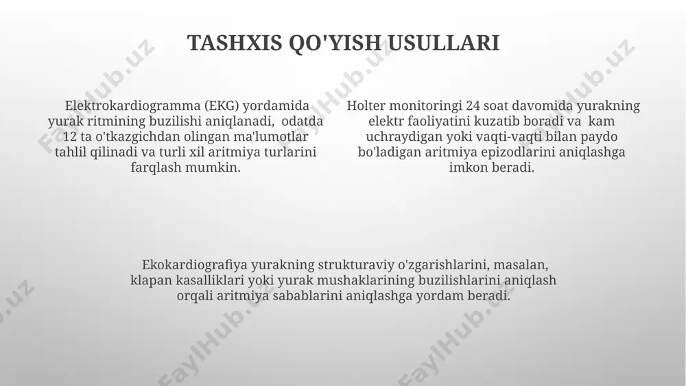 ni o'zgartirib, aritmiya xavfini sezilarli darajada oshiradi. bu holatlarning 10% gacha aritmiya bilan bogʻliq boʻlishi mumkin. yurak mushaklarining shikastlanishi (masalan, miokard infarktidan keyin yuzaga keladigan chandiq toʻqimalari) yurak ritmining buzilishiga, yaʼni aritmiyaga olib kelishi mumkin. taxminan 25% miokard infarktini boshdan kechirgan bemorlarda aritmiya kuzatiladi. tugʻma yurak nuqsonlari, masalan, atrioventrikulyar tugun disfunksiyasi yoki boshqa strukturaviy anomaliyalar, yurak urishining tartibsizligiga olib keluvchi aritmiyalarning rivojlanishiga sabab boʻladi, bu holatlarning taxminan 5-15% ini tashkil qiladi. davolash usullari ba'zi hollarda, kateter ablasyon jarrohlik amaliyoti 90% muvaffaqiyatga erishgan holda, yurak ritmini buzuvchi joylarni yo'q qilish uchun qo'llaniladi. yurak ritmini tiklash uchun 150-200 mamperlik defibrilyator yordamida elektr toki berish, yurak mushaklarining tez-tez va notekis qisqarishini to'xtatish uchun qo'llaniladi. ariritmiya turiga qarab, beta-blokatorlar, kaltsiy kanal blokerlari kabi dorilar bilan 5-10 mg dan boshlanadigan, davolash kursi 2-6 oygacha davom etishi mumkin. e'tiboringiz uchun rahmat @taqdimot_robot image1.png image2.png image3.png