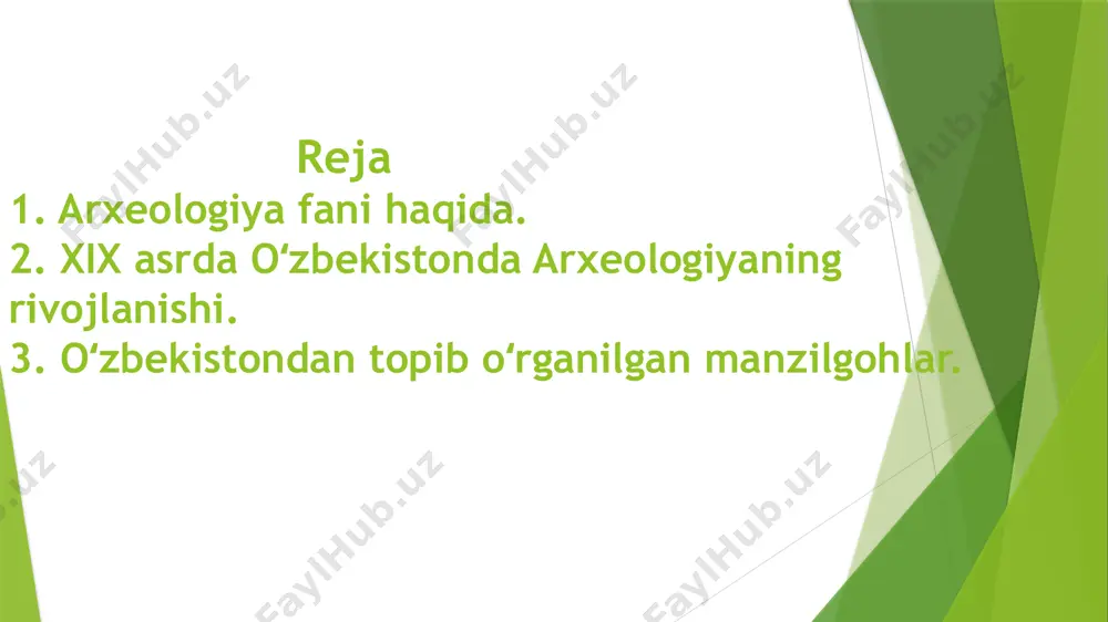 39), v. v. grigorev qovunchitepa harobalarida (1934-37) olib bordilar. toʻplangan arxeologik materiallar oʻzbekiston tarixini davrlashtirishda muhim manba boʻldi, yangi arxeologik madaniyatlar (kaltaminor, tozabogʻyop, qovunchi madaniyatlari va boshqalar) oʻrganilib, fanga kiritildi. teshiktosh gʻoridan neandertal tipidagi odam skeletining topilishi oʻzbekiston arxeologiyasida buyuk kashfiyot boʻlib, dunyo olimlarida katta qiziqish uygʻotdi. oʻzbekistonda arxeologiya fanini rivojlantirishda oʻrta osiyo davlat universitetida arxeologiya kafedrasining ochilishi (1940), oʻzfa arxeologiya boʻlimining tashkil etilishi (1943) katta ahamiyatga ega boʻldi. arxeologik yodgorliklarni rayonnlarga boʻlib oʻrganishda termiz arxeologik kompleks ekspeditsiyasi, xorazm arxeologiya-etnografiya ekspeditsiyasi, pomir-olay va pomir-fargʻona ekspeditsiyalari katta rol oʻynadi. termizdan topilgan yodgorlik 50-yillarda oʻzbekiston arxeologiya ekspedisiyasi otryadlari toshkent vodiysida mozorqoʻrgʻonlarni (t. aʼzamxoʻjayev), zamonbobo jez davri qabristonini (ya. gʻulomov), bolaliktepa yodgorligini (l. i. albaum) va boshqalarni oʻrganishga kirishdi. foydalanilgan adabiyotlar roʻyxati: https://uz.m.wikipedia.org https://fayllar.org https://arxiv.uz eʼtiboringiz uchun raxmat image1.jpeg image2.jpeg image3.jpeg image4.jpeg image5.jpeg image6.jpeg /docprops/thumbnail.jpeg