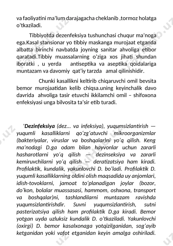 yoki tarqalish shubhasi bilan duch kelasiz. ko'pincha bu xilma-xillik joriy va yakuniy bo'linadi. birinchisi kasal bo'lib, yopiq xonada amalga oshiriladi, ikkinchisiga esa uni ko'chirish yoki bo'shatishdan keyin tozalash kerak. joriy joriy dezinfektsiya - kasalxonalarda yoki uyda, infektsiyaning bevosita manbai bo'lgan majburiy holat (masalan, bemor odam). tez-tez qayta ishlash kasalxonalar, operatsiya xonalari, manipulyatsiya va laboratoriyalarning yuqumli bo'linmalariga xosdir, ularning xodimlari har kuni xavfli biologik namunalar bilan ishlaydi. bunday dezinfeksiyaning asosiy vazifasi patogen mikroorganizmlarning tarqalishining oldini olish va mavjud bo'lgan markazdan tashqari sog'lom odamlar bilan aloqa qilishdir. ushbu turdagi dezinfektsiyaning eng ko'p uchraydigan sabablari quyidagilardan iborat: · kasalxonaga yotqizilishidan oldin bemorning beton xonasida uzoq vaqt turishi; · bemorni uyda davolagunga qadar davolash; · dispanserdan olib tashlashdan oldin kasalxonada infektsiyani tashuvchini topish. · kvartiralarda dezinfektsion faoliyatni tashkil qilish odatda bemorni aniqlagan va uy xo'jaligi tomonidan amalga oshiriladigan tibbiy xodim tomonidan amalga oshiriladi. · ba'zida barcha tashkiliy choralar sanitariya-epidemiologiya xizmatining xodimlari tomonidan amalga oshiriladi, …