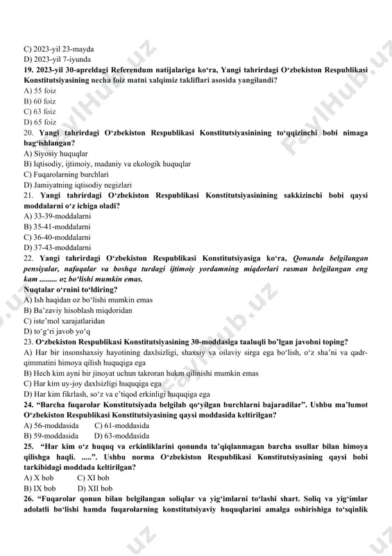 faol fuqarolar bilan bevosita uchrashuvlar natijasida yana 10 mingta taklif-mulohazalar bildirildi; b) xalq muhokamasi davridagi birinchi bosqichda 50 mingdan ortiq, ikkinchi bosqichda 150 mingdan ortiq hamda xalqaro tajribalar natijasida va ziyolilar, faol fuqarolar bilan bevosita uchrashuvlar natijasida yana 5 mingta taklif-mulohazalar bildirildi; c) xalq muhokamasi davridagi birinchi bosqichda 100 mingdan ortiq, ikkinchi bosqichda 100 mingdan ortiq hamda xalqaro tajribalar natijasida va ziyolilar, faol fuqarolar bilan bevosita uchrashuvlar natijasida yana 10 mingta taklif-mulohazalar bildirildi; d) xalq muhokamasi davridagi birinchi bosqichda 60 mingdan ortiq, ikkinchi bosqichda 100 mingdan ortiq hamda xalqaro tajribalar natijasida va ziyolilar, faol fuqarolar bilan bevosita uchrashuvlar natijasida yana 15 mingta taklif-mulohazalar bildirildi; 17. yangi tahrirdagi o‘zbekiston respublikasi konstitutsiyasining 33-moddasiga ko‘ra, axborotni izlash, olish, tarqatishga bo‘lgan huquq qanday hollarda qonun bilan cheklanishi mumkin? a) shaxslarning huquq va erkinliklarini himoya qilish bilan bog‘liq bo‘lganda b) davlat sirlari va boshqa sirlarga tegishli bo‘lganda c) jamoat xavfsizligi va jamoat tartibini ta’minlashda d) …