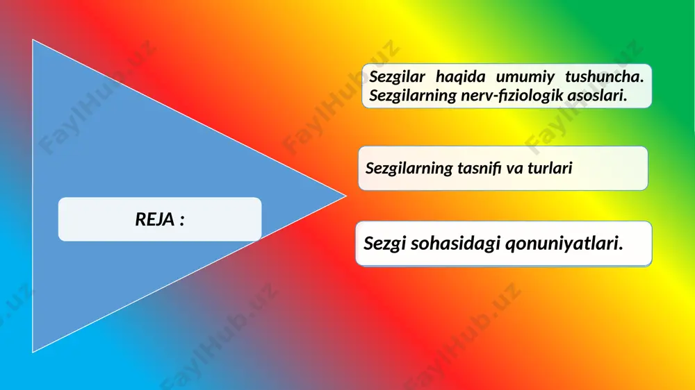 ilarni uch turga bo'ladi: 1. ekstroretseptiv sezgilar tashqi muhitdagi narsa va hodisalarning hususiyatlarini aks ettirishga moslashgan hamda retseptorlari tananing sirtqi qismida joylashgan sezgilar; 2. interoretseptiv sezgilar ichki tana a'zolari holatlarini aks ettiruvchi hamda retseptorlari ichki tana a'zolarida, to‘qimalarda joylashgan sezgilar; 3. proprioretseptiv sezgilar tanamiz va gavdamizning holati hamda harakatlari haqida ma'lumot (ahborot, habar) beruvchi muskullarda, bog`lovchi paylarda, mushaklarda joylashgan sezgilar; interoretseptiv sezgilar borasida rus psixologi a.r.luriya tadqiqot ishini olib borgan. uning fikricha, interoretseptiv sezgilar asl, tub, ma'nodagi sezgilar emas, balki emotsiyalar bilan sezgilar o'rtasidagi oraliq sezgilar sifatida namoyon bo'ladi. psixologiya fanida mazkur sezgilar to'la o'rganilmaganligi sababli uni “noma'lum hislar” deb atalgan. i.p.pavlov tomonidan analizatorlarning murakkab o'zaro ta'sir shakllari mavjud ekanligi qayd etilgandir. ular bevosita bosh miya po'stida namoyon bo'lib, bir vaqtning o'zida ko'rayotgan jismni, eshitilayotgan tovushni, kelayotgan hidni sezishimizda o'z ifodasini topadi. bu bosh miya po'stida kechadigan fiziologik jarayon- larni bosib o'tishi zarur bo'lgan zonalar perekretik zonalar deb nomlanadi. sezgilarning …