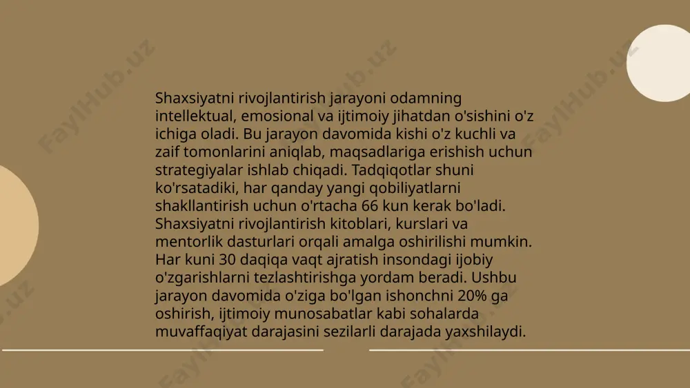 ini aniqlaydi. masalan, temperament, qobiliyat va intellektual salohiyat ko‘pincha irsiy omillarga bog‘liqdir. ekologik va biologik ta’sirlar, masalan, prenatal holatlar va bolalik davridagi ovqatlanish ham muhim rol o‘ynaydi. neyrotransmitterlar va gormonlar shaxsiy xususiyatlarga ta’sir etadi. mazkur biologik omillar bosh miya va asab tizimi over all holatini shakllantiradi. biologik va atrof-muhit ta’sirlari o‘rtasidagi o‘zaro halqalar shaxsni kompleks holatda shakllantiradi va ugular modulatsiyasini yaratadi. ... t.me/slaydai_bot genetik faktorlar shaxsiyatning shakllanishida muhim rol o'ynaydi. ilmiy tadqiqotlar shuni ko'rsatadiki, shaxsiyat xususiyatlarining taxminan 40–60 foizi genetik omillarga bog'liq. masalan, egizaklar ustida o'tkazilgan tadqiqotlar genetik o'xshashlik darajasi yuqori bo'lgan jit yoki monozigotik egizaklarda shaxsiyat o'xshashliklari ko'proq bo'lishini aniqlagan. shuningdek, temperament, asab tizimining individual xususiyatlari ham genlar orqali ota-onadan avlodga o'tadi. biroq, shaxsiyatni shakllantirishda muhit, tarbiya va ijtimoiy omillar ham muhim ahamiyatga ega, bu ko'rsatkichlar har bir individ uchun turlicha ta'sir qiladi. ... t.me/slaydai_bot "ekologik omillar va shaxs" mavzusida keling, atrof-muhitning inson salomatligiga ta'siri haqida to'xtalamiz. havoning ifloslanishi …