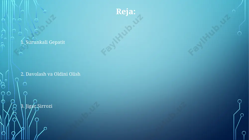 yicha 1 milliondan ortiq odamga ta'sir qiladi, asosan janubiy osiyo va afrika mamlakatlarida tarqalgan. jigarning sirrozi rivojlanish bosqichlari jigarning sirrozi f4 bosqichiga yetganda, ya'ni dekompensatsiya bosqichida, bemorlarning 70% dan ortig'i samarqand viloyatidagi shifoxonalarda og'ir asoratlar, masalan, gepatotserebral ensefalopatiya bilan yuzlashishadi. o'rta osiyo mamlakatlarida, jumladan o'zbekistonda, jigar sirrozi rivojlanishining tezlashuvi, f2 bosqichidan f3 bosqichiga o'tish 5-7 yil ichida kuzatiladi va bu ko'pincha virusli gepatit b va s bilan bog'liq. jigarning sirrozi rivojlanishining dastlabki bosqichi, ya'ni f1 bosqichi, ko'pincha asemptomatik bo'lib, qon tahlillari orqali 10-15% hollarda toshkentdagi klinikalarda aniqlanadi. surunkali gepatitni davolash usullari surunkali gepatit b ning davolashida nukleotid/nukleozid analoglari, masalan, tenofovir yoki entekavir, virus replikatsiyasini bostirish va jigar sirrozining rivojlanishini sekinlashtirish uchun qo‘llaniladi. jahon sog‘liqni saqlash tashkiloti ma'lumotlariga ko‘ra, bu usul 20 dan ortiq mamlakatda samarali. surunkali gepatit davolashda jigar transplantatsiyasi og‘ir holatlarda, masalan, dekompensatsiyalangan sirrozda, oxirgi chora sifatida qo‘llaniladi. aqshda yiliga 7000 dan ortiq bunday operatsiya amalga oshiriladi, muvaffaqiyat darajasi …