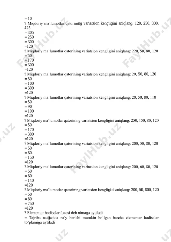oping. = 3 = 2 = 6 = 8 ? ehtimollar nazariyasining predmeti = ehtimollar nazariyasi bir jinsli ommaviy tasodifiy hodisalarning umumiy qonuniyatlarini o‘rganadi = ehtimollar nazariyasi bir jinsli iqtisodiy masalalarning yechimini o‘rganadi = ehtimollar nazariyasi ommaviy tasodifiy hodisalarning ayrim qonuniyatlarini o‘rganadi = ehtimollar nazariyasi bir jinsli ommaviy tasodifiy hodisalarning ba’zi qonuniyatlarini o‘rganadi ? tasodifiy hodisalarning turlari (5 tasi). = birga ro’y beruvchi, birga ro’y bermaydigan, teng imkoniyatli, elementar, to’la hodisalar gruppasi = ishonchli, birga ro’y bermas, birga ro’y beruvchi , erkli , erksiz = birga ro’y beruvchi, erkli, erksiz, tasodifiy, teng imkoniyatli = ishonchli, ishonchsiz, birga ro’y beruvchi, erkli, erksiz ? hodislarning turlari. = ishonchli (muqarrar), ishonchsiz (mumkin bo’lmagan), tasodifiy = birga ro’y bermas, birga ro’y beruvchi, ishonchli, erkli, erksiz = ishonchsiz, erkli, erksiz = ishonchli, tasodifiy, erksiz ? yashikda 50 ta shar bo’lib, shulardan 10 tasi ko’k, 5 tasi qizil, 15 tasi pushti qolganlari ranglanmagan. tasodifiy olingan sharni …
