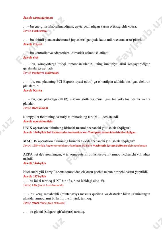 mentlari uchun +12v, +5v va +3,3v ga aylantirib beruvchi qurilma. javob blok питания … – bu axborotni doimiy yoki vaqtinchali saqlash qurilmasi. javob xotira qurilmasi … – bu enеrgiya talab qilmaydigan, qayta yoziladigan yarim o‘tkazgichli xotira. javob flash xotira … – bu tizimli plata arxitekturasi joylashtirilgan juda katta mikrosxemalar to‘plami. javob chipset … – bu kontroller va adapterlarni o‘rnatish uchun ishlatiladi. javob slot … – bu, kompyuterga tashqi tomondan ulanib, uning imkoniyatlarini kengaytiradigan qurilmalarga aytiladi. javob periferiya qurilmalari … – bu, ona plataning pci express uyasi (sloti) ga o'rnatilgan alohida bosilgan elektron platalardir. javob karta … – bu, ona platadagi (ddr) maxsus slotlarga o'rnatilgan bir yoki bir nechta kichik platalar. javob ram moduli kompyuter tizimining dasturiy ta’minotining tarkibi … deb ataladi. javob operatsion tizim unix operatsion tizimining birinchi rusumi nechanchi yili ishlab chqilgan? javob 1969-yilda bell laboratories tomonidan ken thompson tomonidan ishlab chiqilgan. mac os operatsion tizimining birinchi avlodi nechanchi …