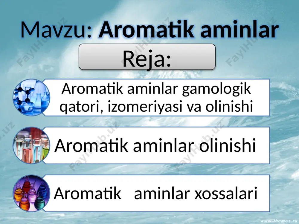 ux va ishqor ta'sirida qaytarib olish mumkin: gidrazobenzol qaytarilsa anilin hosil bo`ladi: kislotali muhitda esa gidrazobenzol benzidin (n,n'-diaminodifenil)ga aylanadi: aim.uz agar ushbu molekulaning birorta yadrosi n-holatda o`rinbosar tutsa, u holda semidin hosil bo`ladi: aminlarning xossalari. anilin o`z xossalari bo`yicha alifatik aminlardan farq qiladi. u kuchsiz asos bo`lib, kuchsiz kislotalar bilan tuz hosil qilmaydi. ammo kuchli kislotalar bilan tuz beradi. buning sababi azot atomining bir juft elektronlari aromatik yadroning p -elektronlari bilan ta'sirlashib qolishidadir. demak, azot atomining p elektronlari va aromatik halqaning p -elektronlar buluti bilan o`zaro ta'sirlashadi. aim.uz anilin juda oson galoidlanadi. ya'ni nh2 guruh reaksiya borishini osonlashtiradi: lekin anilinni sul'folash yuqori haroratda olib boriladi. bunga sabab, reaksiyaning birinchi bosqichida aminogruppa sul'folanadi: aim.uz anilinni nitrolash uchun avval uni atsillanadi, so`ngra nitrolanib, hosil bo`lgan mahsulot gidrolizlansa, o- va p-nitroanilin hosil bo`ladi: aromatik aminlarni kislota xlorangidridlari yoki angidridlari bilan atsillash mumkin. hosil bo`l-gan moddalar anilidlar deb ataladi: aim.uz aromatik aminlarning aromatik al'degidlar …