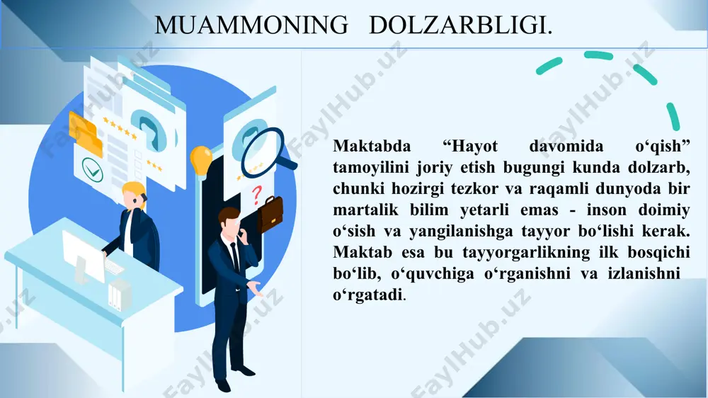 o‘rgatish. 4. motivatsiya va o‘zini o‘zi rivojlantirishga bo‘lgan ehtiyojni uyg‘otish. xorijiy tajribaning o’rganilganligi. individual yondashuv: daniyada har bir o‘quvchiga o‘zining ta’lim yo‘lini tanlashda erkinlik beriladi, ularni o‘z qiziqishlariga qarab rivojlantirishga qaratilgan ta’lim tizimi mavjud. kattalar uchun uzluksiz ta’lim: daniyada kattalar ta’limi faol rivojlanib, odamlarni doimiy ravishda o‘rganishga undaydi. o‘qitish metodlari innovatsion va interaktiv bo‘lib, o‘quvchilarga o‘z bilimlarini amaliyotda qo‘llashga yordam beradi. ijtimoiy hamkorlik va jamoaviy ishlash: ta’lim jarayonida guruh ishlari va ijtimoiy loyiha asosida o‘qitish keng qo‘llaniladi, bu esa o‘quvchilarga ko‘proq muammolarni yechish va kreativ yondashuvni o‘rganishga yordam beradi. daniya xorijiy tajribalarning o‘rganilganligi. axborot texnologiyalarini integratsiya qilish:maktablarda raqamli ta’lim platformalari keng joriy etilgan, o‘quvchilar va o‘qituvchilarga onlayn ta’lim resurslariga kirish imkoniyati yaratilgan. mustaqil o‘rganish ko‘nikmalarini rivojlantirish: o‘quvchilarga o‘z-o‘zini o‘rganish va tanqidiy fikrlash ko‘nikmalarini shakllantirishga alohida e’tibor qaratiladi. loyiha asosida o‘qitish: ta’lim jarayoni real hayot muammolarini yechish, guruhda ishlash va natijalarni taqdim etish orqali tashkil etiladi. dual ta’lim tizimi: maktab va …