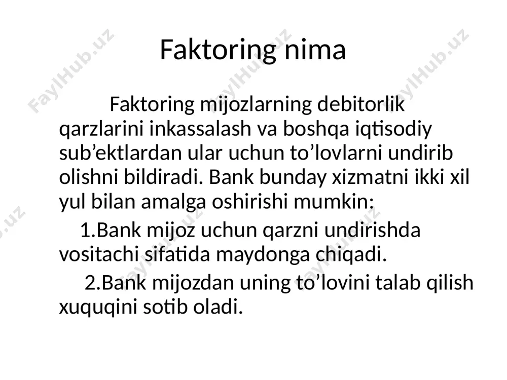 barcha amaliyotlarini buxgalteriya hisobi va hisob-kitoblari, sug’urta va kreditlash hamda vositachilikda xizmat ko’rsatadi.. konfidentsial faktoring – bunda mijozga uni faqat debitorlik qarzlarini undirib berish yoki kreditorlik qarzlarini to’lab berish masalasi ko’riladi. asosiy shartlardan biri sifatida uning muddati – 90 kundan ortiq ebo’lmasiligidir lizing operatsiyalarida bir tomon( lizing beruvchi) ikkinchi tomonning (lizing oluvchining) topshirig’iga binoan uchinchi tomondan(lizing sotuvchidan) xak evaziga egalik qilish va foydalanish uchun lizing shartnomasida belgilangan shartlarda lizing ob’ektini oladi. lizing munosabatlarida ikki yoki uch tomon qatnashishi mumkin. lizing ob’ektlari bo’lib korxona, mulkiy kompleks, bino, inshoot, uskuna, transport vositalari, qishloq xujalik texnikasi va boshqa asosiy vositalar bo’lishi mumkin. lizingning ikki turi mavjud 1.moliyaviy lizing. 2.operativ lizing. moliyaviy lizingda shartnoma kuyidagi talablardan biriga javob berishi kerak: 1.shartnoma muddati tugagach, ob’ekt lizing oluvchining zimmasiga o’tadi. 2.shartnomada ob’ekt xizmat muddatining 80 foizidan ortik bo’ladi yoki lizing shartnomasi muddati tugagach, lizing ob’ektining qoldiq qiymati uning boshlang’ich qiymatining 20 foizidan kamni tashkil etadi. 3.lizing …