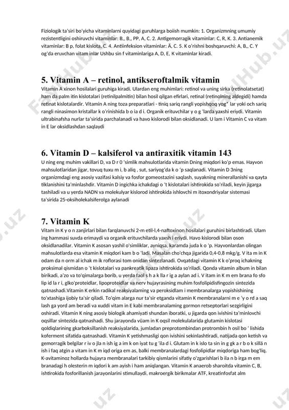 n.ovqat tarkibida qandaydir moddalaming yetishmasligi bilan sodir boiadigan kasalliklar epidemik xarakterga ega b oigan . v itam inlar — is t e ’m ol o m illari b o 'lib , juda kam m iqdorda saqlanadilar va organizmdagi biokimyoviy, fiziologik jarayonlaming norm al kechishida, butun m odda almashinishining boshqarilishida qatnashadilar. modda almashinuvining buzilishi ko'pincha organizmga vitam inlam ing kam qabul qilinishi, ovqat tarkibida bo lmasligi yoki ularning organizmda hazm bo'lish i buzilishi bilan bog liqdir. natijada av ita m in o z holati rivojlan ad i — ovqatda vitam inn in g umuman b o ‘lm asligi yoki organizm ga o ‘zlashtirilishining buzilishi sababli k a s a llik vu ju dga k e la d i. o siy o , a frika va janubiy a m erika davlatlarining ayrim hududläfida aholi bir xil o simlik tabiatiga ega bo'lgan ovqat mahsulotlarini iste’mol qilganda avitaminoz holatlari uchraydi. tibbiy adabiyotlarda organizmga vitaminlaming …