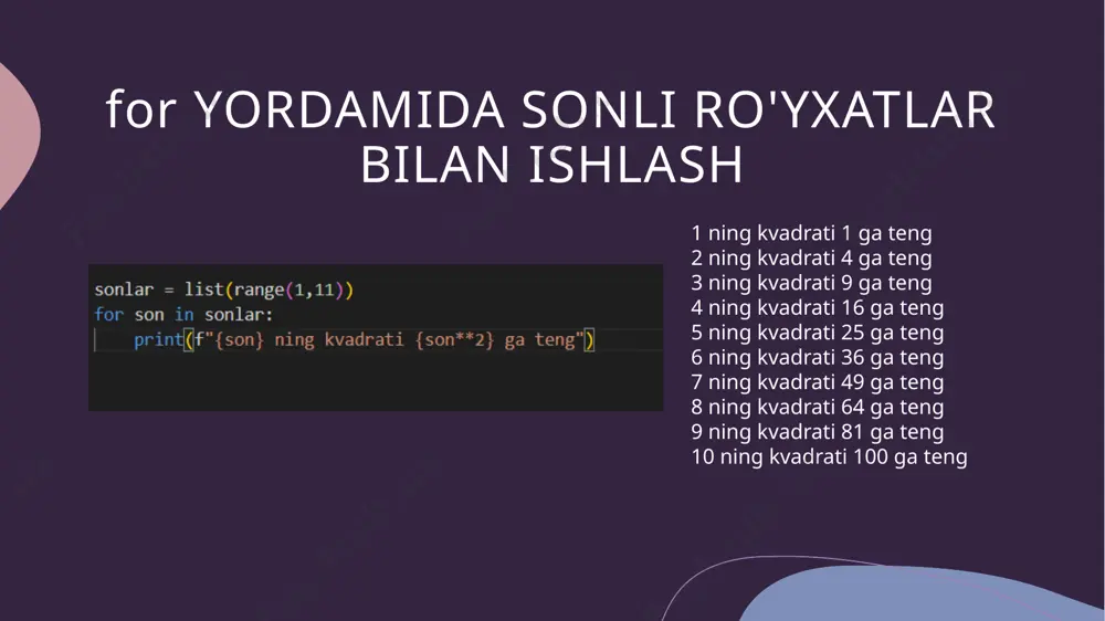for operatori yordamida sonli ro'yxatlar bilan ishlash - Page 5