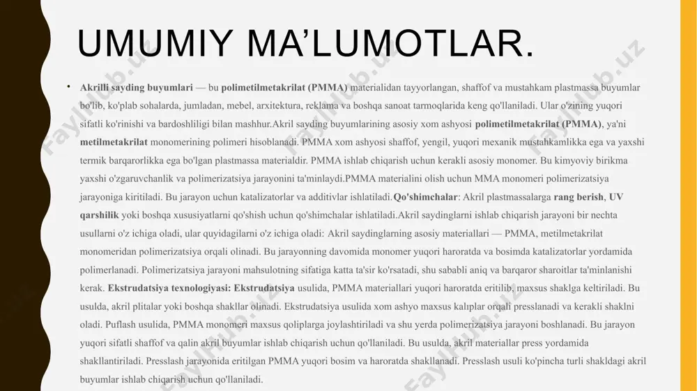 anligi akrilli sayding ko'plab afzalliklarga ega, jumladan, yuqori chidamlilik, ranglarning uzoq muddat saqlanishi va atrof-muhitga ta'sirining kamligi. biroq, mexanik shikastlanishga sezuvchanlik va yuqori haroratga ta'sirchanlik kabi kamchiliklari ham mavjud. ushbu omillarni hisobga olib, akrilli saydingni tanlash maqsadga muvofiqdir. xom ashyo turlari: akril smolalar, pigmentlar, qo'shimchalar akril smolalar akrilli saydingning asosiy komponenti bo'lib, uning fizik-mexanik xususiyatlarini belgilaydi. turli xil akril smolalar mavjud, ularning har biri o'ziga xos xususiyatlarga ega. pigmentlar saydingga kerakli rang berish uchun ishlatiladi. pigmentlar ranglarning uzoq muddat saqlanishini ta'minlashi kerak. qo'shimchalar saydingning xususiyatlarini yaxshilash uchun ishlatiladi. masalan, uv stabilizatorlar, plastikifikatorlar va boshqalar. akrilli sayding ishlab chiqarishda akril smolalar, pigmentlar va qo'shimchalar kabi turli xil xom ashyolar ishlatiladi. akril smolalar saydingning asosiy komponenti bo'lib, uning fizik-mexanik xususiyatlarini belgilaydi. pigmentlar saydingga kerakli rang berish uchun ishlatiladi. qo'shimchalar esa saydingning xususiyatlarini yaxshilash uchun qo'shiladi. xom ashyolarni tanlashda e'tiborga olish kerak bo'lgan omillar 1 sifat xom ashyolarning sifati tayyor mahsulotning sifatiga bevosita …