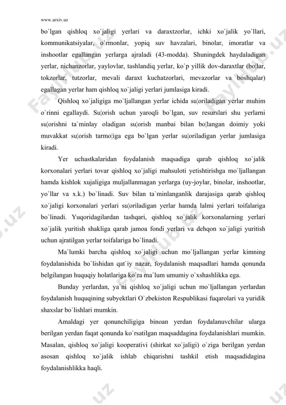 da qonunda belgilangan huquqiy holatlariga ko`ra ma`lum umumiy o`xshashlikka ega. bunday yerlardan, ya`ni qishloq xo`jaligi uchun mo`ljallangan yerlardan foydalanish huquqining subyektlari o`zbekiston respublikasi fuqarolari va yuridik shaxslar bo`lishlari mumkin. amaldagi yer qonunchiligiga binoan yerdan foydalanuvchilar ularga berilgan yerdan faqat qonunda ko`rsatilgan maqsaddagina foydalanishlari mumkin. masalan, qishloq xo`jaligi kooperativi (shirkat xo`jaligi) o`ziga berilgan yerdan asosan qishloq xo`jalik ishlab chiqarishni tashkil etish maqsadidagina foydalanishlikka haqli. yuqorida aytib o`tganimizdek, qishloq xo`jaligi korxonalari o`zlariga berib qo`yilgan yerlardan avvalo qishloq xo`jalik ishlab chiqarishni amalga oshirsalar, ikkinchi tomondan ular yerdan ishlab chiqarish binolari qurish, yordamchi xo`jaliklar barpo etish, qurilish materiallarini ishlab chiqarish, turar-joy va ma`muriy binolar, madaniy-maishiy binolar qurish uchun ham foydalanadilar. qishloq xo`jalik korxona va tashkilotlarini yer bilan ta`minlash amalda xo`jaliklararo yer tuzish usuli bilan o`tkaziladi. bunday yer tuzish ishlari bajarayotgan paytda yer uchastkasi chegaralanadi va uning chegaralari marzalar bilan belgilanadi. o`zbekiston respublikasi yer kodeksining 32-moddasida, yer uchastkasi ajratib berilganda bu uchastka chegarasi natura holida …