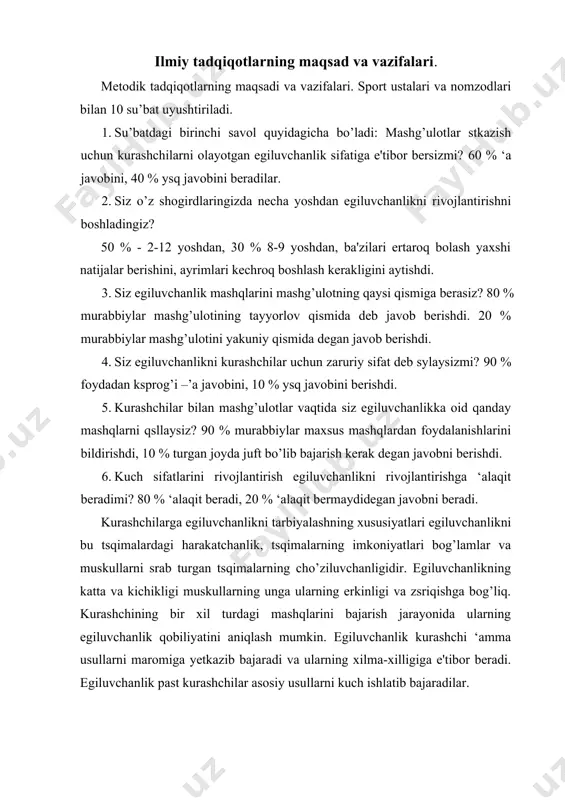 an ‘olatdan ksprik ‘olatiga stishlar. egiluvchanlik amalga kurashchilar uchun harakatlarni yuqori suratlarda bajarish uchun kerak. agar kurashchi egiluvchan bo’lsa, u texnik usullarni qiynalmasdan bajaradi. egiluvchanlik tsqimalarning ‘olatiga bog’lamlarning qayishqoqligiga muskul va paylarning cho’ziluvchanligiga bog’liq. egiluvchanlik sportchining tashqi ‘olatiga qarab o’zgaradi. masalan, uyqudan keyin, ovqatdan keyin va muskullar sovigandan keyin egiluvchanlikni susayish ‘ollari kuzatiladi. egiluvchanlik rivojlantirish uchun mashqlarni xilma xilligiga ‘am e'tibor berish kerak. 1. oyoq va qsl harakatlariga oid mashqlar. 2. stirgan ‘olatdan tizzalarni qulochlab oldinga egilish, boshni tizzaga tekkizishga harakat qiling. 3. stirgan ‘olatdan oyoqlarni boshga kstarishga harakat qiling. 4. oyoqlarni yoyib stirish ‘olati. 5. gimnastika kurashchisida turib oldinga va orqaga tebranishlar. maxsus mashqlarga quyidagilar kiradi: 1. turishdan ksprikcha ‘olatiga stish va ksprik ‘olatdan turish. 2. ksprik ‘olatidan bosh orqali va orqaga harakatlantirish. 3. ksprik ‘olatidan gavdani oldinga va orqaga harakatlantirish. 4. egiluvchanlikni aks etgan usullarini bajarish. muskul bog’lamlarini qayishqoqligini oshirish uchun qadoq toshlar bilan mashqlar bajarish maqsadga muvofiqdir. …