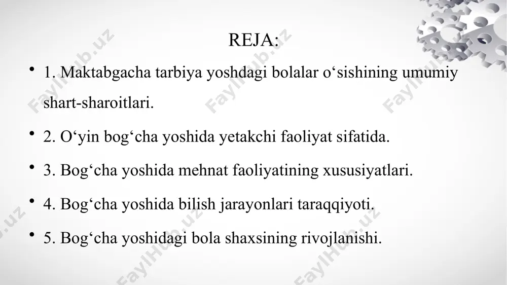 i jadal ravishda ortib boradi. 3-7 yoshli davrida bolalarning asosiy faoliyati quyidagi ketma-ketlikda kechadi; predmetlarni o’rganishi individual predmetli o’yinlar, jamoa syujetli-rollii o’yinlar; individual va guruhiy ijod; musobaqa o’yinlari; muloqot o‘yinlari; uy mehnati. psixolog a.n.golubeva maktabgacha yosh davrini o’rganib tadqiq qilgan va bu davrga xos sifatlardan yana biri bu o’jarlik deb aytgan. bunga sabab noqulay sharoitda bolaga tarbiya berilishi degan. lekin bu doimiy bo’lmaydi. shuning uchun buni oldini olish mumkin deb aytadi. a.p.larinning fikricha qaysarlik noqulay sharoitda bundan ertaroq ham paydo bo’lishi aytgan. uning fikricha o’jarlikka quyidagilar sabab bo’ladi mustaqillikning cheklanishi; erkinlik tuyg’usi v tashabbusni sindirish; ong hususiyatlarini kamsitish. o‘yin bog‘cha yoshida yetakchi faoliyat sifatida. bolaning ongida uni qurshab turgan voqelik to’g’risidagi xilma-xil o’yin faoliyatini takomillashtiradigan sharoitlami tadqiq qilgan n.m.aksarinaning ta’kidlashicha, o’yin o’z-o’zidan vujudga kelmaydi, buning uchun kamida uchta sharoit bo’lishi lozim: a) taassurotlar tarkib topishi; b) bar xil ko’rinishdagi o’yinchoqlar va teirbiyaviy ta’sir vositalaiining muhayyoligi; v) bolalarning kattalar bilan tez-tez …