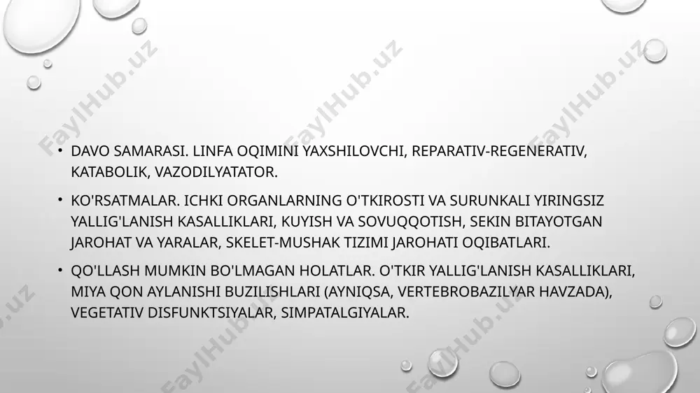 . uzun to'lqinli ultrabinafsha nurlanish epidermisning malpigi qavati hujayralarining ko'payishini rag'batlantiradi, tartibsiz tuzilishga ega bo'lgan indol guruhining polimeri bo'lgan melanin donalarini (yunoncha - melanosdan - "qora") transportiga ta’sir qiladi. melanotsitlar eng yaqin epidermotsitda melanin granulalarini chiqarib yuboradi, bu esa terining pigmentatsiyasiga (zagar) olib keladi, bu nurlanishning 3 kunidan keyin aniqlanadi. proteinlarning kovalent bog’lanishlarini yo'q qilish natijasida t va b limfotsitlarining maxsus klonlarini ko'paytiruvchi teri makrofaglari (langergans hujayralari) tomonidan so'riladi, keyinchalik turli immunoglobulin va biologik faol moddalar (mediatorlar, interleykinlar va boshqalar) ishlab chiqariladi. (2.17-rasm). pigment qatlami issiqlik radiatsiyasini (ko'rinadigan va infraqizil) yutiladi va uni tananing chuqur yotgan to'qimalariga o'tkazmaydi. shu bilan birga, reflektor terlash bo'lib, organizmni ortiqcha issiqlikdan ozod qiladi. ub nurlanishida terining immun javobi sxemasi ter tarkibida terining chuqurroq to'qimalarni ub nurlardan himoya qiladigan, shu nurlarni yaxshi qabul qiladigan urokan kislota saqlanadi. davo samarasi. melaninni tashuvchi, immunostimullovchi, fotosensibilizatsiyalovchi. ko'rsatmalar. terining normal pigmentatsiyasining buzilishi, atopik dermatit, tana qarshiligining kamayishi (dub-nurlanish); psoriaz, …