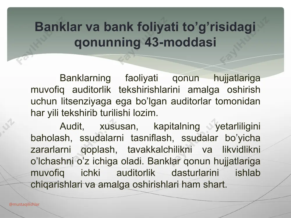 nk faoliyati to’g’risida gi barcha hujjatlarni, mavjud moddiy boyliklar va qimmatbaho qog’ozlarni tekshirish, vujudga keladigan savollar yuzasidan sharh hamda auditorlik tekshiruvi uchun zarur boshqa ma’lumotlsrni olish; yozma so’rov bo’yicha iii-shaxslardan zarur ma’lumotlar olish; shartnoma asosida auditorlik tekshiruvida qatnashish uchun auditorlarni, auditorlik tashkilotlarini va ularning xodimlarini jalb qilish; tekshirilayotgan bank zarur hujjatlarni taqdim etmagan hollarda auditorlik tekshiruvini o’tkazishdan bosh tortish. auditorlarning huquqlari @mustaqilishlar audit o’tkazish jarayonida qonun hamda me’yoriy hujjatlarda ko’zda tutilgan talablarga rioya qilish; mazkur bank auditorlik tekshiruvini o’tkazish jarayonida qatnasha olmaslik sababi haqida darhol habar qilish; audit jarayonida yuzaga kelgan vaziyat munosabati bilan tekshiruvda qatnashishga qo’shimcha auditorlarni jalb qilish zarurligi haqida habar qilish; auditorlik tekshiruvini professional audit andozalariga muvofiq ravishda yuqori malaka bilan o’tkazish; auditorlarning majburiyatlari @mustaqilishlar tekshiruv jarayonida ishlatiladigan hujjatlarni but saqlashni ta’minlash; zarurat tug’ilganda barcha ishchi hujjatlarni hamda ularning nusxalarini markaziy bankka taqdim qilish; auditor ish davomida o’ziga ma’lum bo’lgan maxfiy axborot sir saqlanishini va alohida ruxsatsiz …