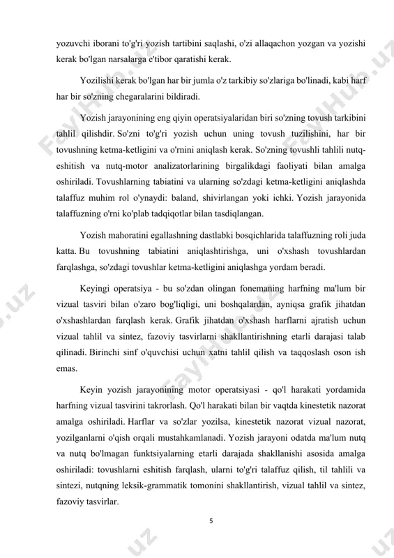 higa olgan murakkab mahorat. yozish texnikasi qo'lning kichik mushaklari va butun qo'lning muvofiqlashtirilgan ishlashini, shuningdek, qo'l-ko'zni muvofiqlashtirish, vizual idrok va ixtiyoriy diqqatni yaxshi rivojlantirishni talab qiladi. 2. disleksiya va disgrafiya haqida tushuncha o'qishning doimiy buzilishi disleksiya, yozish - disgrafiya deb ataladi. ko'pincha, ikkala turdagi buzilishlar bitta bolada kuzatiladi, ammo hech kim unda aqliy zaiflik belgilarini topmaydi. disleksiya (disleksiya) - yuqori aqliy funktsiyalarning shakllanmaganligi (buzilishi) tufayli o'qish jarayonining qisman o'ziga xos buzilishi va doimiy xarakterdagi takroriy xatolarda namoyon bo'ladi. bu kasallik nisbatan kam uchraydi va o'g'il bolalarda qizlarga qaraganda tez-tez uchraydi, ammo bu bunday bolaning ta'limi bilan bog'liq sezilarli qiyinchiliklarga olib kelishi mumkin. disleksiya etti yoshda (ba'zan oldinroq) paydo bo'ladi; boshqa ma'noda, bu kasallik ba'zan o'ziga xos disleksiya deb ataladi, o'qish qobiliyatining buzilishi, uni o'qish va yozishni o'rganishdagi orttirilgan qiyinchiliklardan ajratish. disleksiya o'qishni o'zlashtirish jarayonining sekinlashuvida, shuningdek o'qish tezligi va tezligining sekinlashishida (bradileksiya) namoyon bo'ladi. disleksiyaning yanada muhim ko'rinishlari doimiy va …