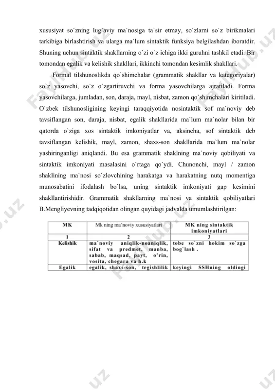 ar (bularga qisman an`anaviy forma yasovchilar kiradi) o`zi qo`shilib kelayotgan so`zga yangi sintaktik vazifa bermaydi, lug`aviy ma`noga qisman ta`sir etib, uni muayyanlashtiradi. lug`aviy shakl yasovchi qo`shimchalarga fe`l nisbatlari, fe`l turlari (ravishdosh, sifatdosh, harakat nomi), harakat tarzi, otlarda son, kichraytirish-erkalash, shaxsiy munosabat, sifat darajalari, sonning turlari qo`shimchalari kiradi. masalan, ot turkumida lug`aviy ma`noga ta`sir qiluvchi grammatik vositalar sifatida kichraytirish va erkalash ko`rsatkichlari bo`lgan [-cha], [-choq], [-chak] qo`shimchalari o`zbek an`anaviy tilshunosligida otlarning kichraytirish-erkalash shakllari sifatida atroflicha o`rganilgan. kichraytirish shakllari otlarga qo`shilar ekan, avvalo ularning lug`aviy ma`nosiga muayyanlik kiritadi. masalan, kitob, qush, mushuk, hovuz so`zlarida “kattalik” belgisi ham, ”kichiklik” belgisi ham mavjud bo`lib, so`z ma`nosi bu jihatdan neytraldir. ya`ni bu so`zlar turli kattaliklar ([katta], [o`rta], [kichik], [yirik]) ni ifodalovchi so`zlar bilan erkin birikaveradi. kichraytirish shakli [-cha] esa so`zni shakllantirar ekan, uning semantikasidagi ma`lum nuqtalarni oydinlashtiradi. bu qo`shimchani olgan sememada “katta” semasi so`nadi. semantikada yuz bergan o`zgarish leksemaning sintaktik qobiliyatini ham o`zgartirib yuboradi. ya`ni, …