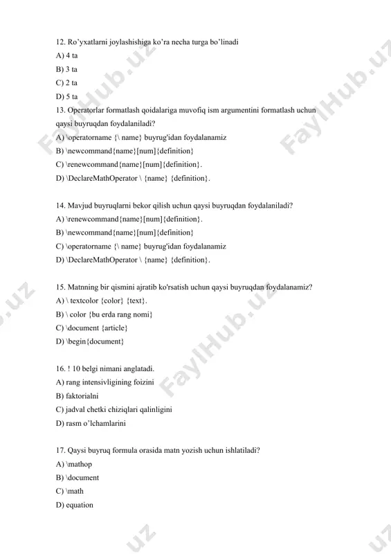 l qilinadi? a) \stackrel b) \rigth c) \atop d) \left 22. latexda taqdimot mavzularining nomi qaysi buyruq yordamida kiritiladi? a) \usetheme{} b) \usefonttheme{} c) \usetemplate{} d) \usecolortheme{} 23. yuqori va quyi indeks yozish tartibi to’g’ri ko’rsatilgan qatorni ko’rsating. a) \left( , \atop va \right) b) \rigth( , \atop va \left) c) \left( , \rigth va \right) d) \atop( , \atop va \right) 24. formulada yuqori quyi indekslarni joylashtirishda latexning qaysi buyrug’idan foydalaniladi? a) \atop b) \rigth c) \frac d) \left 25. \widetilde buyrug’ining vazifasi nimadan iborat? a) formula ustida to’lqin hosil qilish b) chapga yo’nalgan chiziq chizadi c) satr ustiga o’ngga yo’nalgan chiziq chizadi d) formula ustida chiziq hosil qilish