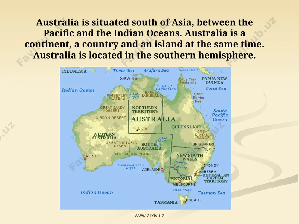 australians really love nature. they try to protect their nature and their animals. www.arxiv.uz www.arxiv.uz www.arxiv.uz british australian barbecue barbie kangaroo roo mosquito mozzie chicken chook candy lollie slippers thongs tv tellie girl sheila form year sheep jumbuck cinema pictures postbox letterbox trainers runners freeway main road www.arxiv.uz the first people in australia were aborigines. they arrived there about 12,000 years before from southern asia. they had very rich forms of art, painting, song, poetry and mythology. the lives of aborigines stayed almost the same for thousands of years until the europeans came to live in australia in 1778. in 1770 j. cook landed in eastern australia and declared that it belonged to britain. in 1778, the british government began sending the first prisoners to australia. overtime many people arrived from britain and europe. life was difficult. there was very little water and the climate was very hard. the europeans …