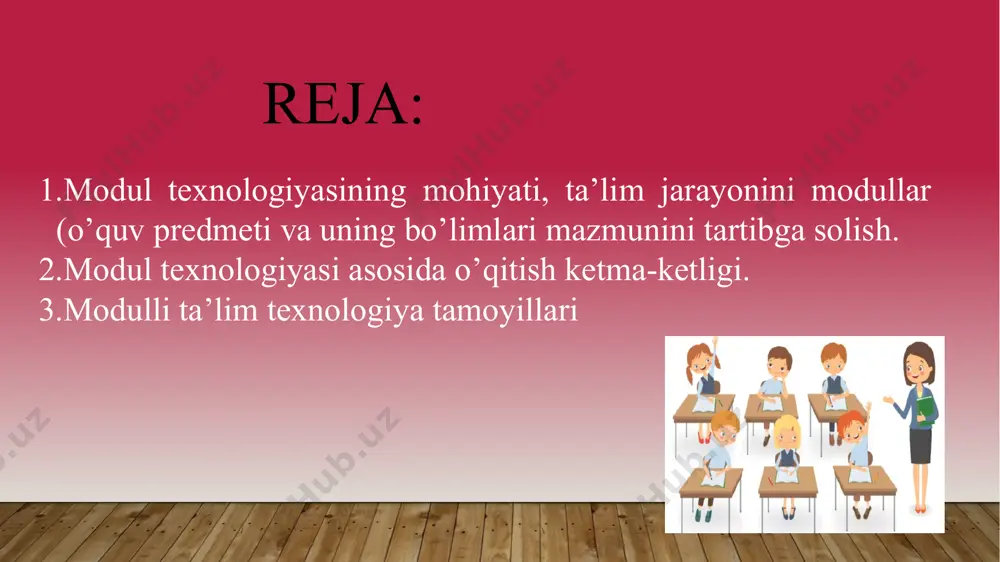 ol ko’rilgan kodlarda: rasm, test, ramzlar va so’z bilan berilishi mumkin. modellashtirish turlari tafakkurni modellash; immitatsion rollarga bo’lib modellash; tutashtiriluvchi chiziqlar usulida modellash modulli texnologiyaning mohiyati ta`lim jarayonini modullar asosida loyihalashtirish, ya`ni o’quv predmeti va uning bo’limlari mazmunini tartibga solish. ta`limning muayyan bosqichidan boshlab bo’linmaydigan kasbiy faoliyatni mantiqan tugallangan qismlarga ajratishdan iboratdir. test modul so’zi qaysi tildan olingan? inglizcha forscha lotincha rumincha test model so’zi qanday ma’noni anglatadi? blok yashik gisht model test bir vaqtda o‘quv jarayonini jadallashtirish, o‘qitish maqsadlarini qo‘llashda yaxlitligini ta’minlash, o‘quvchilarning bilish va shaxsiy sohalarini rivojlantirishga imkon beradi bu qanday tushuncha? modulli o’qitish modulli ta’lim modulli sisitema modulli boshqarish test modellashtirish turlari nechchi qismga bo’linadi? 1 2 3 4 test modul kurs mazmunini nechchi bo’lakda qamrab oladi: 1 2 3 4 savollar 1. modulli o’qitish texnologiyasi deganda nimani tushunasiz? modul lotincha so’z bo’lib - qism yoki -bo’lak (-blok) degan ma’noni bildiradi. 2 .pedagogik texnologiyalardan biri. u bir …