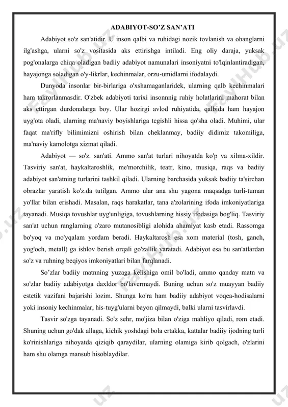 . shunga ko'ra ham badiiy adabiyot voqea-hodisalarni yoki insoniy kechinmalar, his-tuyg'ularni bayon qilmaydi, balki ularni tasvirlavdi. tasvir so'zga tayanadi. so'z sehr, mo'jiza bilan o'ziga mahliyo qiladi, rom etadi. shuning uchun go'dak allaga, kichik yoshdagi bola ertakka, kattalar badiiy ijodning turli ko'rinishlariga nihoyatda qiziqib qaraydilar, ularning olamiga kirib qolgach, o'zlarini ham shu olamga mansub hisoblaydilar. adabiyotning ta'sir kuchi nimada? u nimalarga bog'liq? buning uchun yirik so'z san'atkorlari yaratgan ko'plab durdona asarlarning xalq orasida alohida hurmat va e'tibor qozonganligini eslash joiz. yusuf xos hojib xi asrda - 1069-70- yillarda «qutadg'u bilig» dostonini yozib tugatadi va uni qoraxoniy hukmdorlardan tabg'ach bug'ro qoraxon abu ali hasan binni arslonxonga taqdim etadi. hukmdor adibga mamlakatdagi eng yuqori mansablardan biri — xos hojiblikni beradi. xos hojib «eshik og'asi» demakdir. hozirgi tilimizda u «ish boshqaruvchi»ga to'g'ri keladi. yana bir misol. alisher navoiy «xamsa» dostonini tugatgach, uni husayn boyqaroga sovg'a sifatida topshiradi. husayn boyqaro butun a'yonlari oldida navoiyni o'z …
