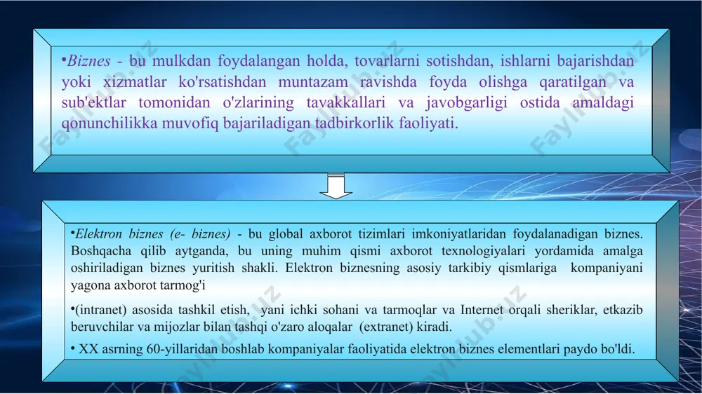 o'lovlarni olish yoki to'lash, hujjatlarni taqdim etish. bu internetdagi faoliyat turi mahalliy korxonalari uchun eng istiqbolli hisoblanadi bu model ishlab chiqaruvchilar o'rtasidagi tijorat aloqalarni yangi darajada va ular o'rtasidagi hamkorlik munosabatlarni o/rnatish uchun qulay zamin yaratadi. bozor yanada ochiq bo'lib, xorijdan materiallar va asbob-uskunalar importidan va hamkorlarni uzoq muddatli qidiruvdan ozod etadi. elektron tijorat korxonaga jahon bozorida yuqori faollik uchun ko'proq imkoniyat yaratadi. b2b tizimi bir vaqtni o’zida oddiy foydalanavchilar ko’ra oladigan va kirib turadigan ochiq ham alohida hamkorlar yoki ishchi guruhlar uchun yopiq bo’lib, belgilangan texnologik vazifalarni bajaradi funktsional jihatdan b2b resurslarida quyidagi guruhlarni ajratish mumkin: b2b – biznes biznes uchun modeli kataloglar. b2b turdagi saytning eng oddiy turi bolib, xaridorlar belgilangan narx bilan mol sotuvchini topadi. elektron birjalar. kataloglarga qaraganda murakkabligi bilan farqlanadi va funktsional jihatdan haqiqiy o'xshash. don, qog'oz, metall va boshqalar kabi asosiy iste’mol tovarlari savdosi uchun ishlatiladi kim oshdi savdosi. bunday saytlar funktsional jihatdan haqiqiy …