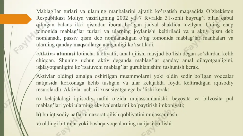 ot davrigacha bo’lgan vaqt ichida jamg’arilgan foyda summasini aks ettiradi. «uzoq muddatli kreditlar» moddasida korxonaning bankka bo’lgan uzoq muddatli qarzi aks ettiriladi. bu moddada ko’rsatilgan summa korxona tomonidan olingan uzoq muddatli bank kreditini aks ettirib, belgilangan davrda qaytarilishi kerak. mazkur modda korxona ixtiyorida hozircha bo’lgan pul mablag’larining miqdorini ko’rsatadi, deb o’ylash noto’g’ri bo’ladi, chunki bank tomonidan kredit ko’rinishida beriladigan pul mablag’lari odatda korxonaning hisob-kitob schyotiga yozib qo’yiladi yoki mol yetkazib beruvchilardan bo’lgan qarzni uzish uchun o’tkaziladi. demak, bu mablag’ balansning boshqa moddalarida aks ettiriladi. «budjetga to’lovlar bo’yicha qarz» moddasi korxonaning budjet oldidagi undan undiriladigan har xil soliqpar va ajratmalarni to’lash bo’yicha majburiyatlarining summasini, ya’ni moliya tashkilotlariga bo’lgan qarzning miqdorini aks ettiradi. to’lanishi lozim bo’lgan summa aniqlanganidan keyin, korxona o’z balansining passivida shu modda bo’yicha uning summasini ko’rsatadi. buxgalteriya balansi quyidagi belgilariga qarab tasniflanadi: 1. tuzish vaqtiga qarab: kirish balansi; joriy (davriy) balans; tugatish balansi; ajralish balansi; qo’shilish balansi; sanatsiya balansi. …