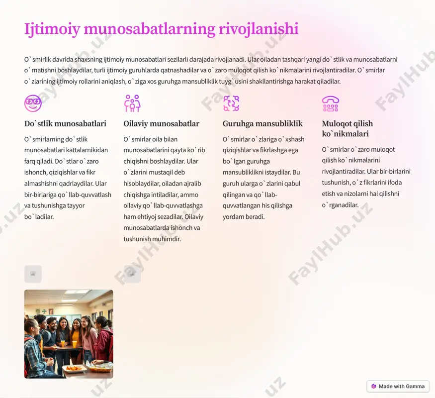 r va yangi bilimlarga ega bo`lishga intiladilar. ular turli fanlarga qiziqish bildirishlari, o`qishga ko`proq vaqt ajratishlari, yangi mahoratlarni o`rganishlari mumkin. san`at va ijodkorlik ba`zi o`smirlar musiqa, rasm, adabiyot, teatr va boshqa san`at turlari bilan shug`ullanishga qiziqishadi. ular o`zlarining ijodkorligini namoyon etishga, yangi g`oyalarni yaratishga intiladilar. sport va jismoniy tarbiya o`smirlar jismoniy faollikka qiziqishadi, ular sport bilan shug`ullanishlari, jismoniy tarbiya bilan shug`ullanishlari, raqsga tushishlari mumkin. sport o`smirlarning sog`lig`ini mustahkamlash, o`ziga ishonchni oshirish va stressni kamaytirishga yordam beradi. ijtimoiy faollik o`smirlar o`zlarini ijtimoiy hayotga jalb qilishga intiladilar. ular jamoatchilik ishlarida qatnashadilar, xayriya ishlari bilan shug`ullanadilar, muammolarni hal qilishga harakat qiladilar. https://gamma.app/?utm_source=made-with-gamma hayotiy maqsadlar va qadriyatlar tizimi o`smirlik davrida yosh avlod hayot maqsadlari va qadriyatlar tizimini shakllantirishni boshlaydi. bu davrda ular o`zlarining kelajakdagi yo`llarini, o`zlarini kim deb hisoblashlarini va hayotda nimaga erishishni istashlarini o`ylaydilar. ular oilaviy qadriyatlar, ijtimoiy ta`sirlar, shaxsiy tajribalar va o`ziga xos qiziqishlar asosida o`zlarining qadriyatlar tizimini shakllantiradilar. 1 shaxsiy maqsadlar …