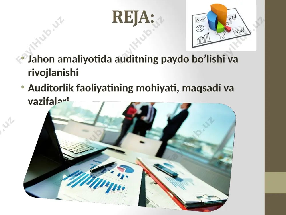 akllana boshlagan. o’sha paytlarda mustaqil faoliyat ko’rsatib, korxonaning ishlab chiqarish moliya faoliyati to’g’risida aniq xulosa beradigan mutaxassislarga ehtiyoj kuchaygan. natijada, 1862 yili angliyada, 1867 yili frantsiyada, 1937 yili esa aqshda majburiy audit to’g’risidagi qonun qabul qilingan. hozirgi paytda bozor iqtisodiyoti rivojlangan mamlakatlarda o’zining tashkiliy huquqiy infratuzilmalariga ega bo’lgan audit institutlari faoliyat ko’rsatmoqda. auditorlik faoliyatining mohiyati, maqsadi va vazifalari. har qanday tushuncha, ayniqsa ilmiy atama o’zining mohiyatini ifodalovchi ta’rifiga ega bo’lishi lozim. auditorlik faoliyatining ta’rifi o’zining tarixiy taraqqiyot yo’lida turli manbalarda turlicha bayon qilingan. masalan, professor m. m. to’laxo’jaevaning «o’zbekiston respublikasida moliyaviy nazorat tizimi» nomli kitobida auditga quyidagicha ta’rif berilgan: «audit – bu mustaqil malakali mutaxassislar tomonidan korxonaning moliyaviy hisobotini yoki u bilan bog’liq moliyaviy axborotni ushbu hisobot yoki axborotning qonun va boshqa normativ hujjatlarga muvofiqlik darajasi to’g’risi-da xulosa chiqarish maqsadida tadqiq etilishidir». auditorlik faoliyatining maqsad va vazifalari tavsifidan kelib chiqib, uni quyidagicha tasniflash mumkin. auditorlik faoliyati auditorlik tekshiruvlar tashabbus tarzidagi …