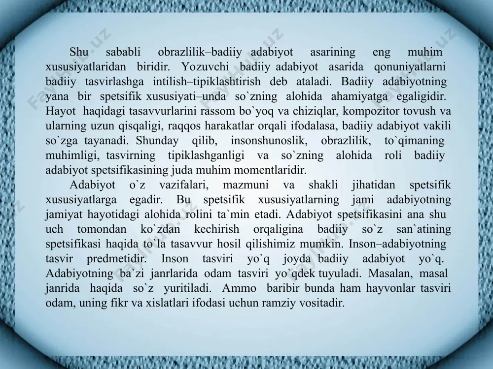 on nimalarni o`ylagani va qanday hislarni boshdan kechirgani qiziqtiradi. ikkinchi jihati. shoirning hayot va olam haqidagi o`ylari, kechinmalari asosida doimo bevosita yoki bevosita ifoda etilgan orzu hayotni yana ham go`zalroq, insonni yana ham odilroq, donoroq, saxiyroq va jasurroq ko`rish orzusi va bu orzuning amalga oshuvi imkoniyati borligiga imo-ishora yotadi. adabiyotda insonning ichki dunyosini tasvir etish dunyoni va insonning o`zini ham tushunishni maqsad qilib oladi: shu bilan birga, dunyoni tushunishga intilish uni yana ham go`zalroq qilish orzusi bilan sug`orilgan bo`ladi. adabiyot–inson olam va hayot haqida «fikr aytmoqqa» ehtiyoj sezganida tug`ilgan. inson kechinmalari tasvirining ikki muhim jihati. inson va uning kechinmalarining tasviri adabiyotning vazifalari spetsifikasining muhim bir tomonidir. bu spetsifikaning ikkinchi tomoni adabiyot–aqliy faoliyatning juda ham keng auditoriyaga mo`ljallangan sohasi ekanidir. adabiy asar o`zining mazmuni va shakli jihatidan doimo million-million kishilar uchun, atayin va avvaldan ularga atalib yaratiladi. fizik, ximik, 22biolog yoki sotsiolog ilmiy asar yaratganda yoki biror ilmiy haqiqatni kashf etganda, …
