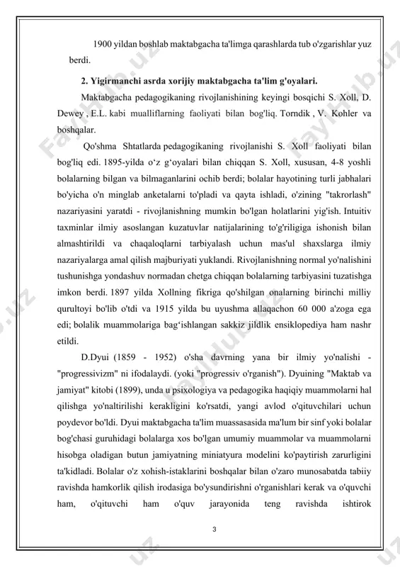 pedagogika haqiqiy muammolarni hal qilishga yo'naltirilishi kerakligini ko'rsatdi, yangi avlod o'qituvchilari uchun poydevor bo'ldi. dyui maktabgacha ta'lim muassasasida ma'lum bir sinf yoki bolalar bog'chasi guruhidagi bolalarga xos bo'lgan umumiy muammolar va muammolarni hisobga oladigan butun jamiyatning miniatyura modelini ko'paytirish zarurligini ta'kidladi. bolalar o'z xohish-istaklarini boshqalar bilan o'zaro munosabatda tabiiy ravishda hamkorlik qilish irodasiga bo'ysundirishni o'rganishlari kerak va o'quvchi ham, o'qituvchi ham o'quv jarayonida teng ravishda ishtirok etadilar. umumlashtirilgan bola yo'q, lekin ijtimoiy kontekstga qarab turli yo'llar bilan namoyon bo'ladigan qobiliyatlar, qiziqishlar va ko'nikmalar mavjud. d.dyui shioriga ega: “amal qilib o‘rganing” (aslida, e.l. _ torndik (1874-1949), pedagogik psixologiya muallifi. u ta'lim natijalariga ta'sir qiluvchi ko'plab o'zaro bog'liq omillarni tushundi. torndik o'z nazariyasini o'zi nazorat qilgan laboratoriya tadqiqotlari asosida qurdi va muammoni hal qilish tajriba va mashg'ulotlardan ko'ra kamroq fikrlashni talab qiladi, deb hisobladi. u o'rganish qonunlari, qadriyatlari, standartlari va ideallarini ilmiy asoslab berganligi bilan mashhur. ular orasida "ta'sir qonuni" bor - …