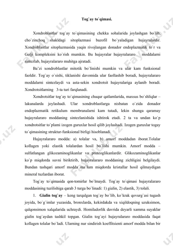 alararo moddasida faqat kollagen tolalar bo`ladi. ularning nur sindirish koeffitsienti amorf modda bilan bir xil bo`lganligi uchun bir-biridan gistologik farqlab bo`lmaydi, shuning uchun gialin tog`ayi shaffof, zich va kam elastik bo`ladi. 2. elastik tog`ay – hujayralararo sohasida kollagen tolalar bilan birga elastik tolalarning bo`lishi o`ziga xosdir. elastik tolalarning nur sindirish amorf moddadan farq qiladi. sрuning uchun elastik tolalar gistologik preparatlarda aniq ajralib turadi. xondrotsitlar ustunsimon ko`rinishda joylashgan. fizikaviy xususiyatlari buyicha elastik tog`ay egiluvchan, gialin tog`ayga nisbatan zichligi va shaffofligi kamdir. 3. tolali tog`ay umurtqalararo diskda, gialin tog`ayining paylarga o`tish joyida uchrab, hujayralararo moddasida ko`plab parallel joylashgan kollagen tolalar tutamlarining bo`lishi bilan tavsiflanadi. xondrotsitlar kollagen tolalar tutamlarining orasida zanjirsimon tizilib joylashgan. fizikaviy xususiyati: yuqori darajada mustaxkamlikka ega. tog`ay to`qimasi anatomik a’zo sifatida 1) tog`ay usti pardasi, 2) tog`ay to`qimasidan iborat. tog`ay usti pardasi 2 kismdan tashkil topgan: a) tashqi qism, zich tolali qon tomirlarga boy biriktiruvchi to`qimadan iborat; b) ichki (kambial) …