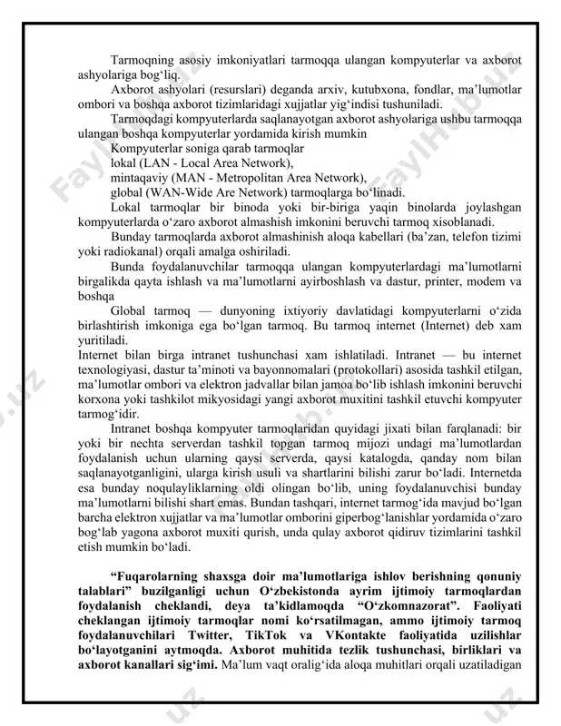 tarmoqlar – mamlakat, shahar, va viloyatlar darajasida kompyuterlarini va lokal tarmoqlarni maxsus aloqa yoki telekommunikatsiya kanallari orqali o‘zaro bog‘lagan tarmoqlar. global tarmoqlar - o‘ziga butun dunyo kompyuterlarini, abonentlarini, lokal va mintaqaviy tarmoqlarini telekommunikatsiya (kabelli, simsiz, sun’iy yo‘ldosh) aloqalari tarmog‘i orqali bog‘lagan yirik tarmoq. kompyuterdan turli masalalarni xal qilishda foydalanish mumkin. axborot almashish uchun magnit va kompakt disklardan foydalanish yoki boshqa kompyuterlar bilan umumiy tarmoqqa ulanish kerak bo‘ladi. kompyuterlarning o‘zaro axborot almashish imkoniyatlarini beruvchi qurilmalar majmuiga kompyuter tarmoqlari deyiladi tarmoqning asosiy imkoniyatlari tarmoqqa ulangan kompyuterlar va axborot ashyolariga bog‘liq. axborot ashyolari (resurslari) deganda arxiv, kutubxona, fondlar, ma’lumotlar ombori va boshqa axborot tizimlaridagi xujjatlar yig‘indisi tushuniladi. tarmoqdagi kompyuterlarda saqlanayotgan axborot ashyolariga ushbu tarmoqqa ulangan boshqa kompyuterlar yordamida kirish mumkin kompyuterlar soniga qarab tarmoqlar lokal (lan - local area network), mintaqaviy (man - metropolitan area network), global (wan-wide are network) tarmoqlarga bo‘linadi. lokal tarmoqlar bir binoda yoki bir-biriga yaqin binolarda joylashgan kompyuterlarda o‘zaro …