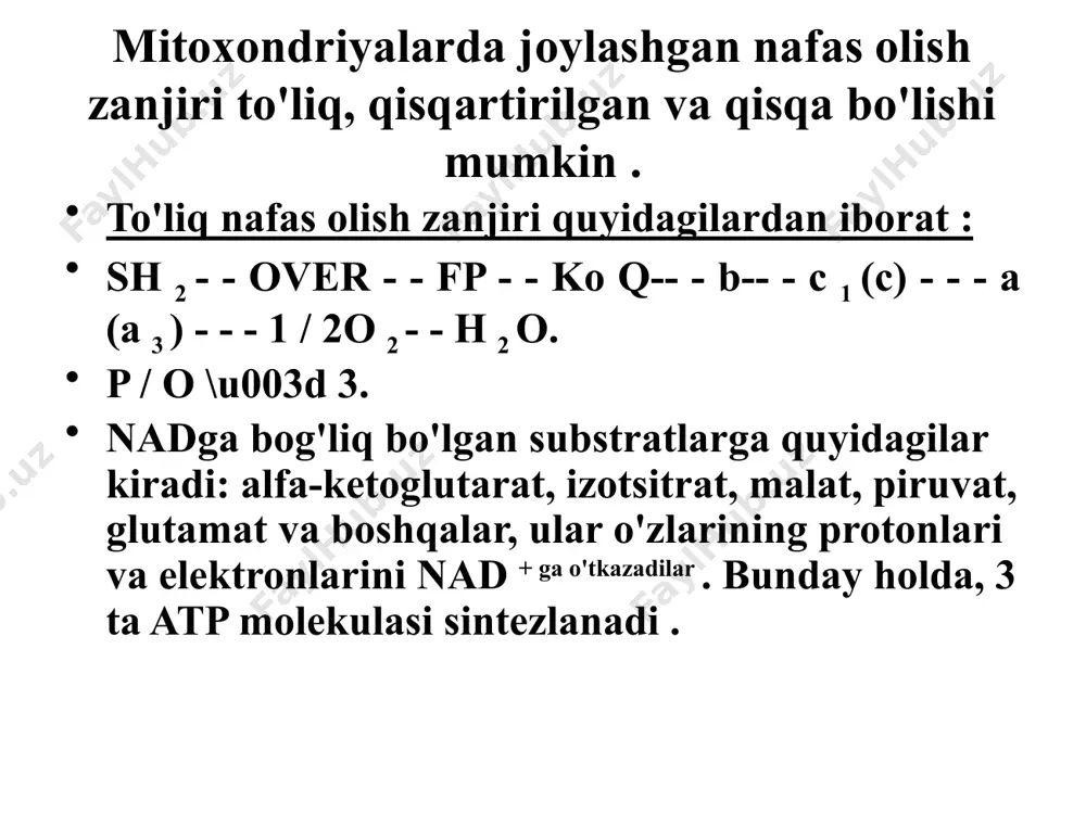 afas olish zanjiri bilan 3 joyda amalga oshiriladi : 1. nad + o'rtasida va fad + ; 2. b va c sitoxromlar orasida ; _ 3. oh va o 2 sitoxrom oksidazalar orasida .. qisqartirilgan nafas olish zanjirida birinchi bo'lim tushadi va shuning uchun 2 ta atp molekulasi sintezlanadi. qisqa nafas olish zanjirida atp sintez qilinmaydi . kislorod iste'moli va atp sintezi (p / o - fosforillanish koeffitsienti) o'rtasida aniq bog'liqlik mavjud. bu 1 kislorod atomining oksidlanishi paytida atp ga o'tgan noorganik fosfor guruhining miqdori . bu ko'rsatkich to'liq nafas olish zanjirida 3 ga, qisqartirilganda 2 ga, qisqasi esa 0 ga to'g'ri keladi. nafas olish nazorati - nafas olish tezligining adp konsentratsiyasiga bog'liqligi . moddalarning oksidlanishi kislorod ishtirokida boradi (aerob oksidlanish ) va kislorodsiz (anaerob oksidlanish ). atpning fosforillanishi : 1. oksidlovchi fosforlanish orqali - asosiy quvvat generatori . u mitoxondriyaning ichki membranasida sodir bo'ladi . 2. substrat fosforlanishi bilan …