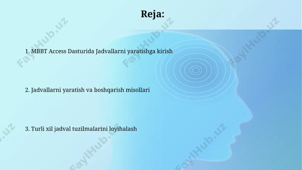 ar mavjud bo’ladi va bu ma'lumotlar ortiqchaligiga olib keladi. 2nf ga erishish uchun birinchi normal shakl (1nf) talablariga javob berish va qisman funktsional bog’liqliklarni yo’qotish orqali qo’shimcha jadvallar yaratish kerak, masalan, 1:n yoki n:m bog’liqliklarda. ma'lumotlar turlarini tanlash sana va vaqt ma'lumotlarini saqlash uchun date/time ma'lumotlar turidan foydalaning. bu sizga sana va vaqt bilan bog'liq operatsiyalarni (masalan, 1-yanvar 2024-yil va shunga o'xshash) osongina bajarish imkonini beradi. ma'lumotlar turini tanlashda, masalan, 10 ta yozuvdan ortiq bo'lgan matnlar uchun memo maydonidan, 255 ta belgidan kam bo'lgan qisqa matnlar uchun text maydonidan foydalanish samaraliroqdir. aloqador jadvallarni yaratish aloqador jadvallarni yaratishda, birlamchi kalit (primary key) va xorijiy kalit (foreign key)lardan foydalanib, kamida ikkita jadval o'rtasida 1:n yoki n:m aloqalarni o'rnatish mumkin, bu ma'lumotlar yaxlitligini ta'minlaydi. aloqador jadvallarni yaratishda, ma'lumotlar bazasining samaradorligini oshirish uchun indekslarni (indexes) qo'shish tavsiya etiladi. masalan, tezkor qidiruv uchun 500 000 dan ortiq qatorli jadvallarga indeks qo'shish foydali bo'ladi. birinchi normal …