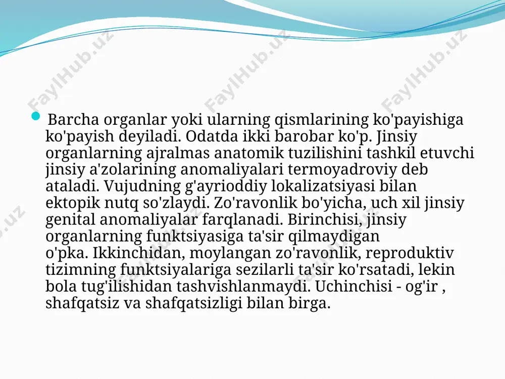 ayishi bilan birga kamayadi. u hiperafleksiya ( oldindan uterusning burmasi ) yoki gipertrofeliya bilan birgalikda (bachadon orqatarafining orqa tarafi) birlashtirilishi mumkin . ayol jinsiy organlarining bu anomaliyasi amenoreya yoki algomenoreya bilan kechadi . terapevtik usullar gipoplaziya darajasiga qarab aniqlanadi.qachon algodismenoree og'riq odatda bachadon tuzatish holatiga keyin qisqartirmoq. bachadon va vagina qisman va to'liq qotishmalar mullerian kanallarining birlashishi natijasida yuzaga kelgan ayol jinsiy organlarining anormalliklari orasida . to'liq ikki barobar kamdan-kam uchraydigan patologiya. bachadon tashqi devorlarining birlashishi, bir tomonda uterus va vagina rivojlangani, boshqa tomondan - bachadonning atriyasi bo'lgan atriyali yoki vagina bilan bog'langan ikkita bachadon, shuningdek, ikkita shoxli bachadonning turli xil ko'rinishlari aniqlanmagan juftlar aniqlanadi. ikki shoxli uterus mullerian kanallarining o'rta qismining to'liq bo'lmagan birlashuvi natijasidir . bachadonni butunlay yoki qisman ajratish mumkin, bu ayol jinsiy organlarining bu anomaliyaning keng turdagi anatomik variantlarini keltirib chiqaradi. vagina ikki barobar kam. ayrim tananing va bo'yinlarning aniqlanishi mumkin, bachadonning alohida tanasi serviksni ikki …