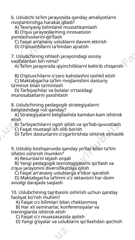 qat boshqaruv bilan shug'ullanish 6. uslubchi ta'lim jarayonida qanday amaliyotlarni rivojlantirishga harakat qiladi? a) teoriyaviy bilimlarni mustahkamlash b) o'quv jarayonlarining innovatsion yondashuvlarini qo'llash c) faqat an'anaviy uslublarni davom ettirish d) o'qituvchilarni ta'limdan ajratish 7. uslubchining ishlash jarayonidagi asosiy vazifalardan biri nima? a) ta’lim jarayonida qiyinchiliklarni keltirib chiqarish b) o'qituvchilarni o'zaro baholashni tashkil etish c) maktabgacha ta’lim rivojlanishini dasturiy ta'minot bilan ta'minlash d) tarbiyachilar va bolalar o'rtasidagi munosabatlarni yaxshilash 8. uslubchining pedagogik strategiyalarni belgilashdagi roli qanday? a) strategiyalarni belgilashda kamdan-kam ishtirok etish b) tarbiyachilarni ogoh qilish va qo'llab-quvvatlash c) faqat mustaqil ish olib borish d) ta’lim dasturlarini o'zgartirishda ishtirok etmaslik 9. uslubiy boshqaruvda qanday yo'llar bilan ta'lim sifatini oshirish mumkin? a) resurslarni tejash orqali b) yangi pedagogik texnologiyalarni qo'llash va o'quv jarayonini diversifikatsiya qilish c) faqat an'anaviy uslublarga e'tibor qaratish d) maktabgacha ta’limni o'z oktavisini har doim avvalgi darajada saqlash 10. uslubchining tajribasini oshirish uchun qanday faoliyat ko'rish muhim? a) faqat …