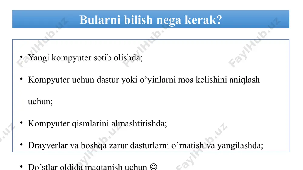 qa, rasm va h.k) shu xotirada saqlanadi. bu turdagi xotira qurilmasi asosan magnit diskga ma’lumot yozadi va shu sabab ham shovqinga sabab bo’ladi. videokarta – ma’lumotlarga ishlov berib ularni ekranda ko’rinishini ta’minlovchi kompyuterning bir qismi. videokarta asosan o’yin va 3d dasturlar bilan ishlashda ko’p kerak bo’ladi. uni ichki (ona plataga o’rnatilgan) va tashqi (alohida qism holida) turlari mavjuddir. boshqacha nomlanishi: видеоада́птер, графи́ческая ка́ртa (rus.), gpu (ing. graphics processing unit) asosiy ishlab chiqaruvchilar: intel, amd, nvidia hajmi mb va gb larda o’lchanadi. ko’p tarqalgan turlari: 512 mb, 1 gb, 2 gb va 4 gb. videokarta operatsion tizim – kompyuter bilan foydalanuvchi o’rtasidagi aloqani ta’minlaydi. agar kompyuteringizda ot bo’lmasa siz kompyuterda amallar bajara olmaysiz. hozirda mashxur ot lar: operatsion tizim va uning versiyasi ishlab chiqarilgan vaqti nomi qo’llab quvvatlash tugaydigan muddat 2001 yil windows xp 2014 yil 2009 yil windows 7 2020 yil 2012 yil windows 8 2016 yil 2013 yil windows …