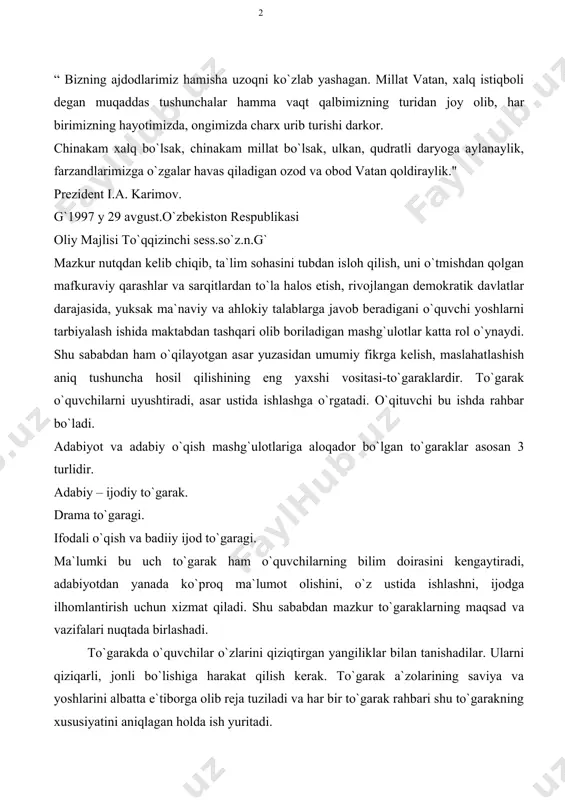 bilan tanishadilar. ularni qiziqarli, jonli bo`lishiga harakat qilish kerak. to`garak a`zolarining saviya va yoshlarini albatta e`tiborga olib reja tuziladi va har bir to`garak rahbari shu to`garakning xususiyatini aniqlagan holda ish yuritadi. drama to`garagiga rahbarlik qiladigan o`qituvchi: dramatik asarlarning xususiyatlarini egallagan va ma`lum darajada aktyorlik san`atidan ham xabardor bo`lishi, o`quvchilar oldida biror – bir personajning harakat va nutqini odat va xarakterini ko`rsatib bera ololadigan bo`lishi lozim. adabiy-ijodiy to`garak rahbarida esa adabiyot asarlarini tahlil etish, nazariy bilim berish va ijod ishidan ham xabardor bo`lsa, va o`z ijodidan o`quvchilarga manzur qila oladigan bo`lsa, mazkur to`garaklar obro`si yanada oshadi. g`nuqsonsiz ifodali o`qishg`. to`garak mashg`ulotlari bir oyda, bir yoki ikki marta o`tkaziladi. mashg`ulotlar oddiy sinfda emas, balki maktab adabiyot kabineti maktab sahnasida o`tkazilgani ma`qul. mashg`ulot o`tkaziladigan joyning tashqi ko`rinishi ham o`quvchilar ruhiyatiga kuchli ta`sir qiladi g` portretlar, asarlari bilan bezab.g` mashg`ulotlar mavzusini xilma-xilligi ishning mazmuniga o`quvchilarning qiziqishlariga ta`sir etadi. bir yillik mashg`ulot uchun tuzgan reja …