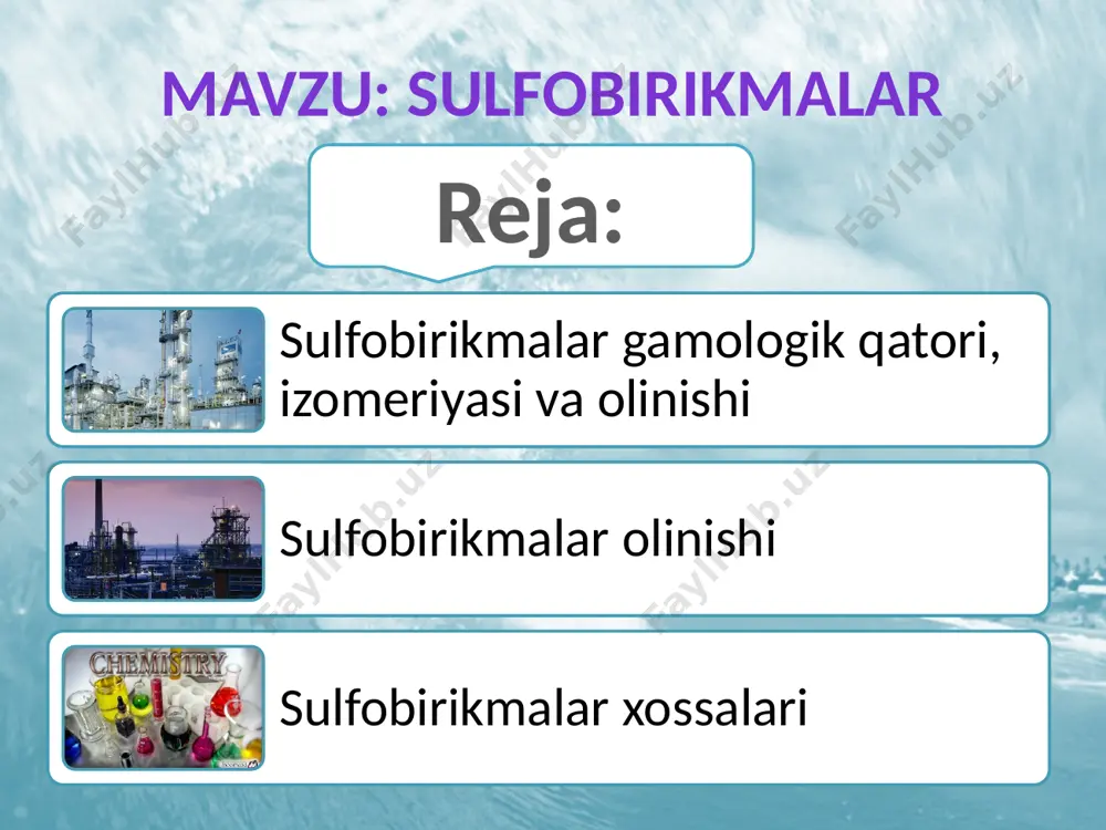 molekula suv ajratib saxaringa aylanadi: saxarin sul'fokislotalarning tuzlari yuqori temperaturada (290-3400 c) o`yuvchi ishqorlar bilan qizdirilganda sul'fogruppa ona gruppaga almashadi: aim.uz sul'fogruppa - so3h aromatik halqaning aktiv-ligini kamaytirib, elektrofil' almashinish reak-siyalarida o`rinbosarni meta-holatga yunal-tiradi. m-n: aim.uz e’tiboringiz uchun raxmat! aim.uz image1.jpeg image2.png image6.png image7.png image8.png image9.png image10.png image11.png image12.png image13.png image14.png image15.png image16.png /docprops/thumbnail.jpeg