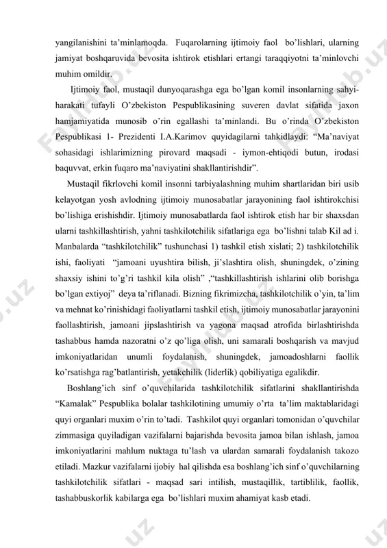 ini o’rganish. 3.bo‘lajak boshlang’ich sinf o’qituvchilarini bolalar bilan ishlashga tayyorlash. 4. boshlang’ich sinf o’quvchilarida tashkilotchilik sifatlarini shakllantirish metodikasi orqali munosabatlarni shakllantirish yo’llari. tadqiqotning metodologik asoslari: o’zbekiston respublikasi konstitutsiyasi, o’zbekiston respublikasining “ta’lim to’g’risida”gi qonuni, o’zbekiston respublikasi prezidenti sh.m.mirziyoyevning 2017 yil 7-fevral kungi farmoni bilan 2017—2021-yillarda o‘zbekistonni rivojlantirishning beshta ustuvor yo‘nalishi bo‘yicha harakatlar strategiyasi, prezidentning malakali kadrlar tayyorlash, ishlab chiqarishni modernizatsiyalash, innovatsion texnologiyalarni keng joriy etish, raqobatbardosh kadrlar tayyorlashda milliy tarbiyaga doir yondashuvlari, hukumat qarorlari va ilg’or tajribalar. kurs ishining amaliy ahamiyati: tadqiqot jarayonida ilgari surilgan fikrlardan, yondashuvlardan hamda samaradorlikni ta’minlovchi tadqiqot natijalari tarbiyaviy ishlar metodikasi fanlari bo‘yicha ma’ruzalar tayyorlash, qo‘llanmalar yaratish, shuningdek metodik tavsiyanomalar yaratishda, ish tajribalarini ommalashtirishda samarali foydalanishga xizmat qiladi. kurs ishining tarkibiy tuzilishi va hajmi: ish kirish, 4ta reja, xulosa va foydalanilgan adabiyotlar ro`yxatidan iborat bo`lib, jami sahifani tashkil qiladi. 1. tarbiyaviy ishlarni amalga oshirishda “oila instituti” va “oila, mahalla va ta’lim muassasasi hamkorligi” konsepsiyasining o‘rni va ahamiyati. …