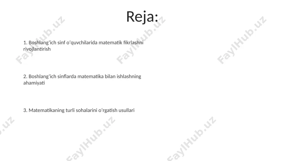 muammolarni sodda qismlarga ajratish va oʻquvchilarning mantiqiy fikrlash qobiliyatini oshirishga xizmat qiladi. interaktiv oʻyinlar va mashqlar 3-sinf o'quvchilari uchun geometrik shakllar bilan ishlashga oid interaktiv test, 15 ta savoldan iborat bo'lib, turli xil geometrik figuralarni aniqlash va ularning xossalarini bilishni tekshiradi va fazoviy tasavvurni rivojlantiradi. raqamlar bilan ishlash bo'yicha 2-sinf uchun mo'ljallangan mashqlar to'plami, 20 ta misollarni o'z ichiga oladi va qo'shish, ayirish, ko'paytirish va bo'lish amallarini o'zlashtirishga yordam beradi, shuningdek, muammolarni yechish qobiliyatini rivojlantiradi. baholash va taʼlimning individualizatsiyasi individualizatsiya yondashuvi bilan oʻquvchilarning matematik qobiliyatlarini baholashda, 5-10 ball oraligʻida ball qoʻyish orqali har bir oʻquvchining rivojlanish darajasi aniqlanishi mumkin. taʼlimning individualizatsiyasi oʻquv jarayonida kamida 3 xil oʻquv resurslaridan foydalanishni va har bir oʻquvchining oʻziga xos ehtiyojlariga moslashtirilgan 2 ta qoʻshimcha mashqni taklif qilishni oʻz ichiga oladi. boshlangʻich sinflarda matematikaga kirish qoʻshish va ayirish amallarini oʻrgatishda, 5 yoshdan 7 yoshgacha boʻlgan bolalarga mos keladigan sodda misollar va kundalik hayotdagi vaziyatlarni ishlatish …