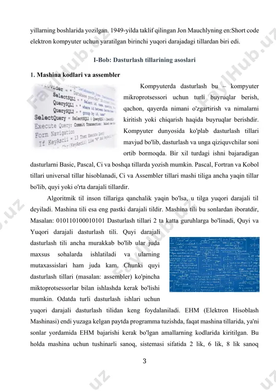 a mashina uchun tushinarli sanoq, sistemasi sifatida 2 lik, 6 lik, 8 lik sanoq sistemalari bo'lgan. programma mazkur sanoq sistemasidagi sonlar vositasida kiritilgan. yuqori darajali dasturlashda, mashina tillariga qaraganda mashinaga moslashgan (yo'naltirilgan) belgili kodlardagi tillar hisoblanadi. belgilar kodlashtirilgan tillarning asosiy tamoyillari shundaki, unda mashina kodlari ularga mos belgilar bilan belgilanadi, hamda xotirani avtomatik taqsimlash va xatolarni tashhis qilish kiritilgan. bunday mashina moslashgan til - assembler tili nomini oldi. kompyuterning elektron qurilmalari ishlashning fizik tamoyillari shundan iboratki, kompyuter faqat bir va noldan iborat buyruqlarni — kuchlanishning pasayishi ketma-ketligini, yaʼni mashina kodini idrok eta oladi. kompyuterlar rivojlanishining dastlabki bosqichida odam kompyuterga tushunarli tilda, mashina kodlarida dasturlar tuzishi kerak edi. har bir koʻrsatma birliklar va nollarning turli kombinatsiyasi sifatida ifodalangan opkod hamda operand manzillaridan iborat edi. shunday qilib, protsessor uchun har qanday dastur oʻsha paytda birlar va nollar ketma-ketligi sifatida qaragan. tez orada mashina kodini yaratish jarayonini avtomatlashtirish mumkinligi maʼlum boʻldi. 1950-yildan boshlab …